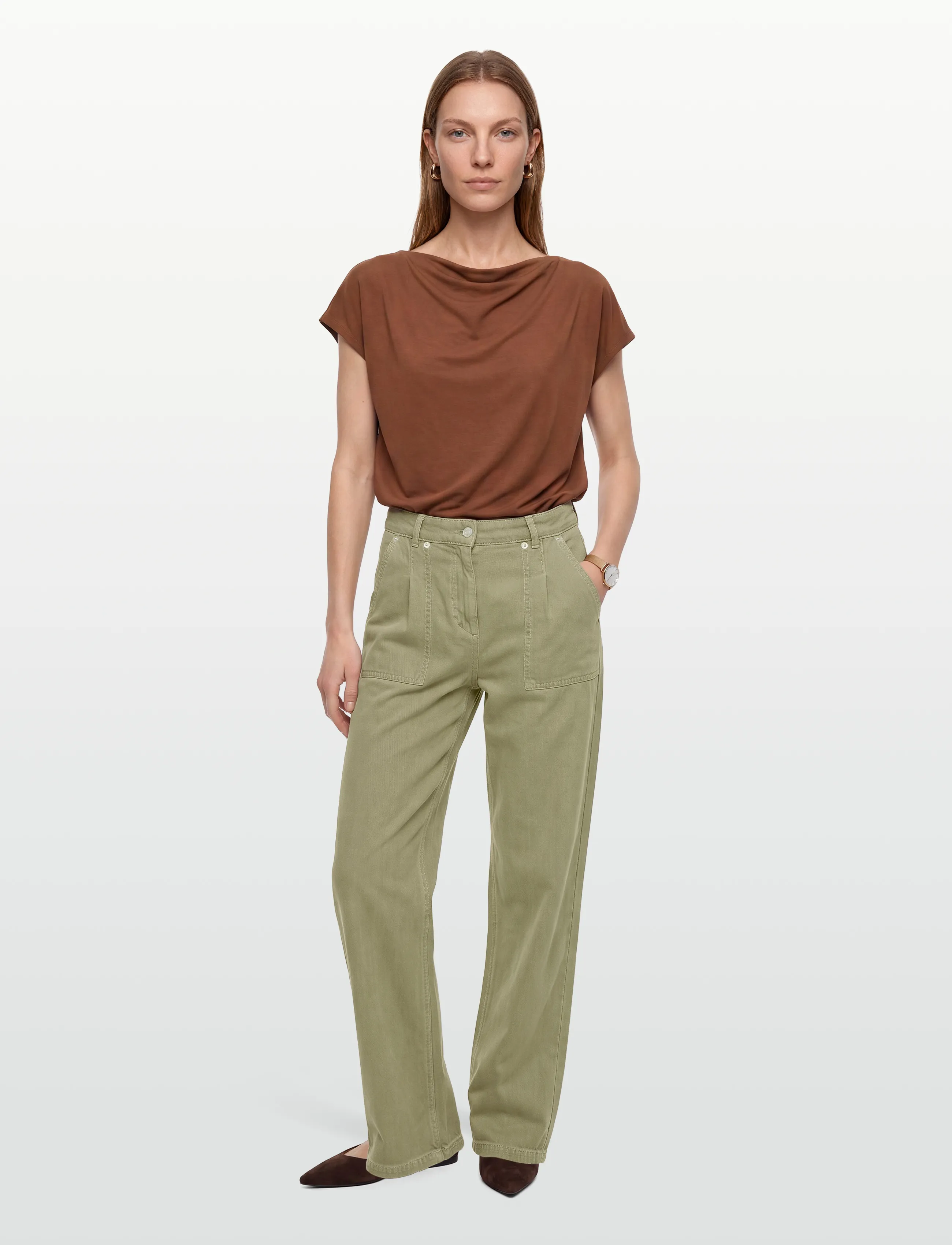 ba&sh Pantalon Raja, S, Trousers, Khakigrün - Straight Leg, Frauen