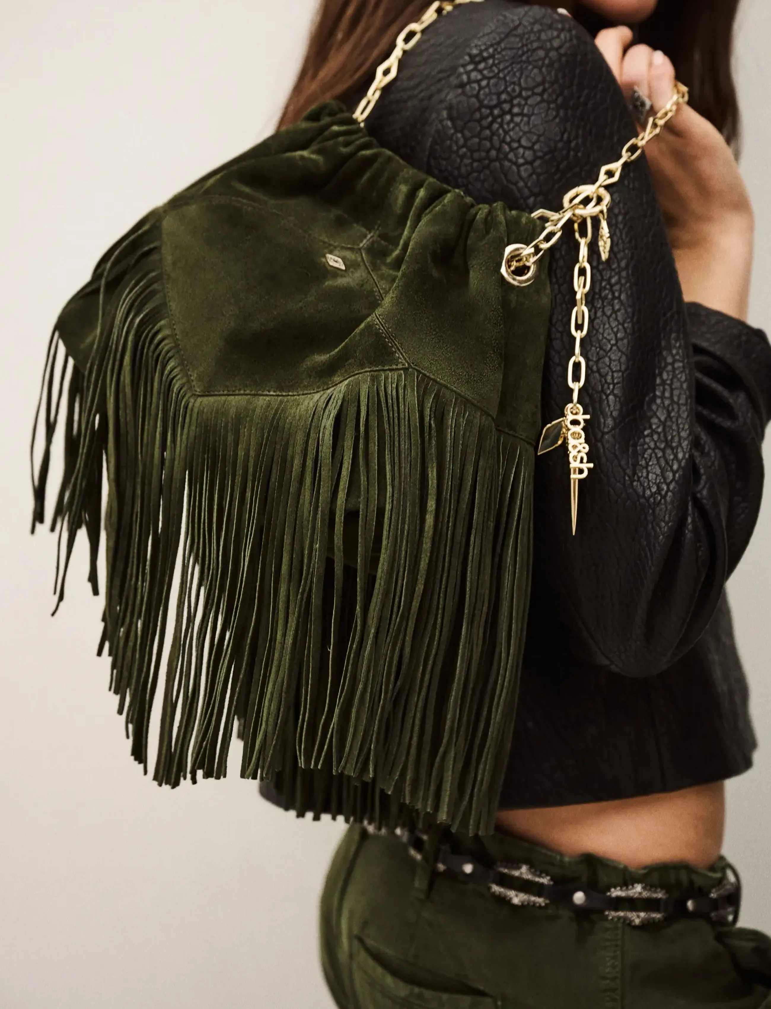 ba&sh - SAC M SUEDE JUNE TOTE FRANGES - green - 5