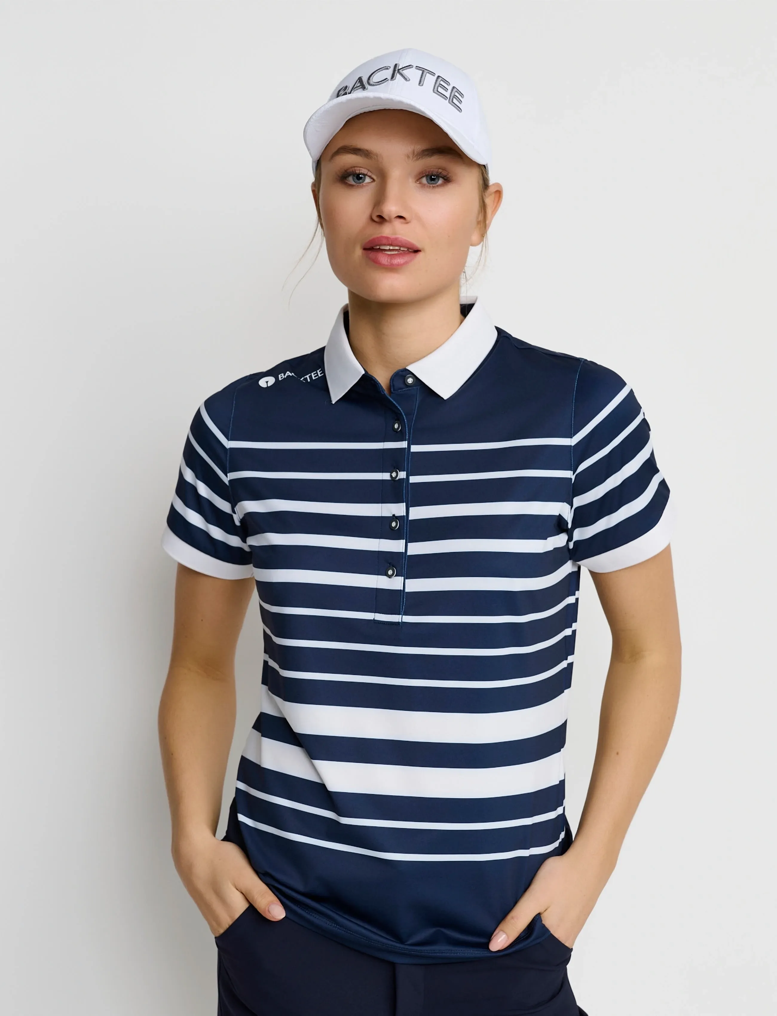BACKTEE Ladies Fine Stripe Polo, L, Navy, Sports Overdele & T-shirts > Sport Polos, Dame