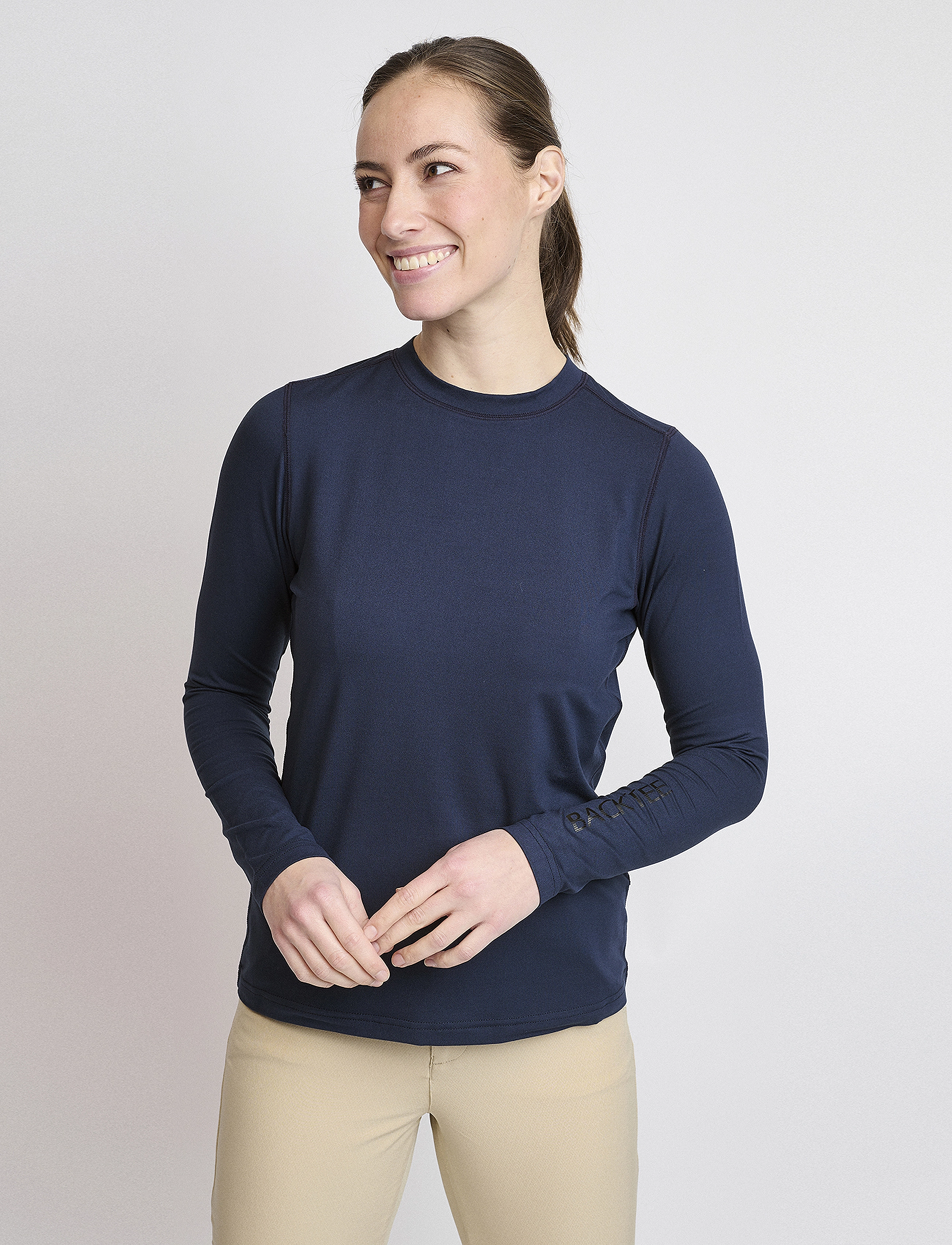 BACKTEE Ladies First Skin Round Neck, Kvinder, Langærmet Højhalset Top, Navy, Str: L