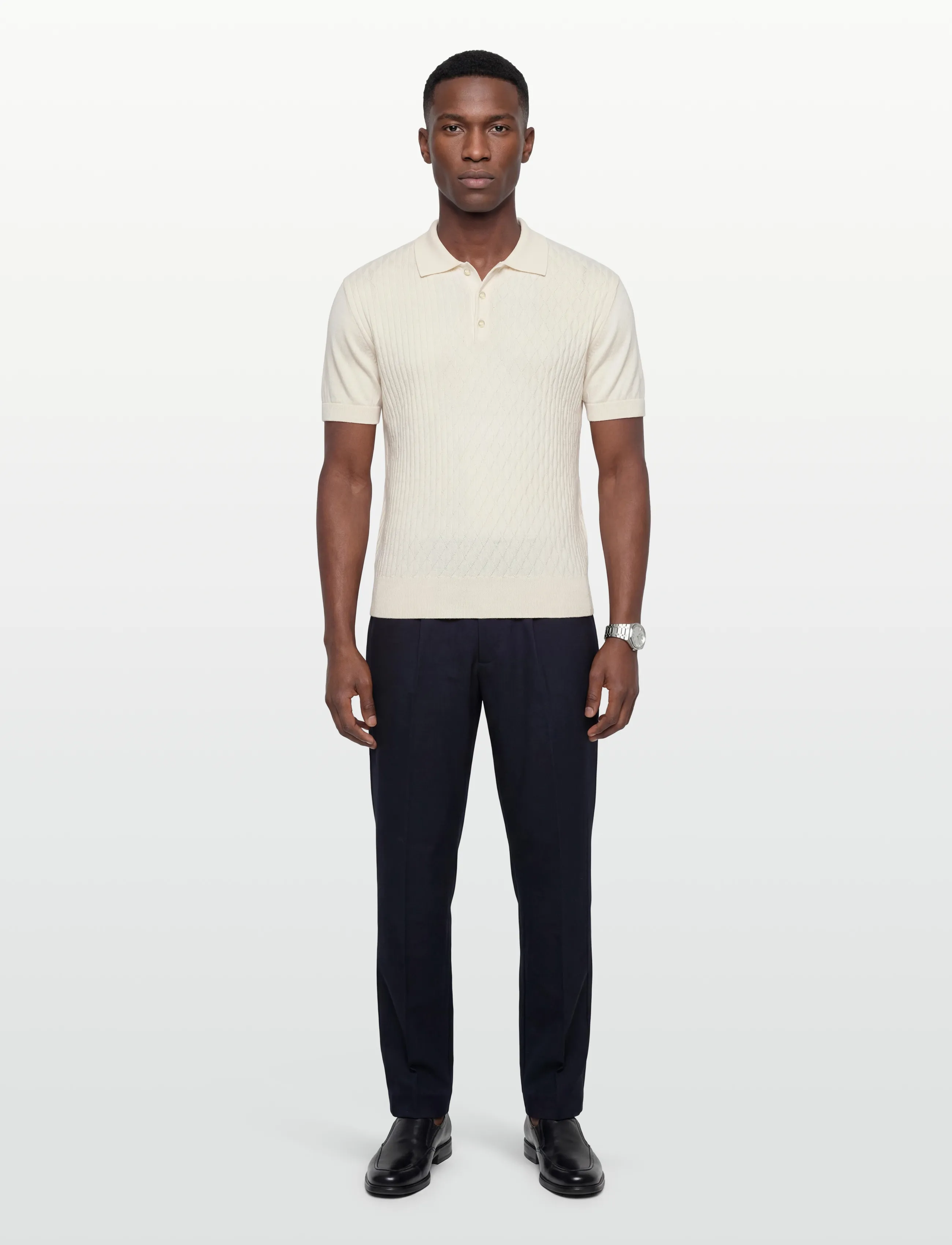 Baracuta Pattern Stitch Ss Polo, Mænd, Kortærmet Strikket Poloshirt, Cream, Str: M
