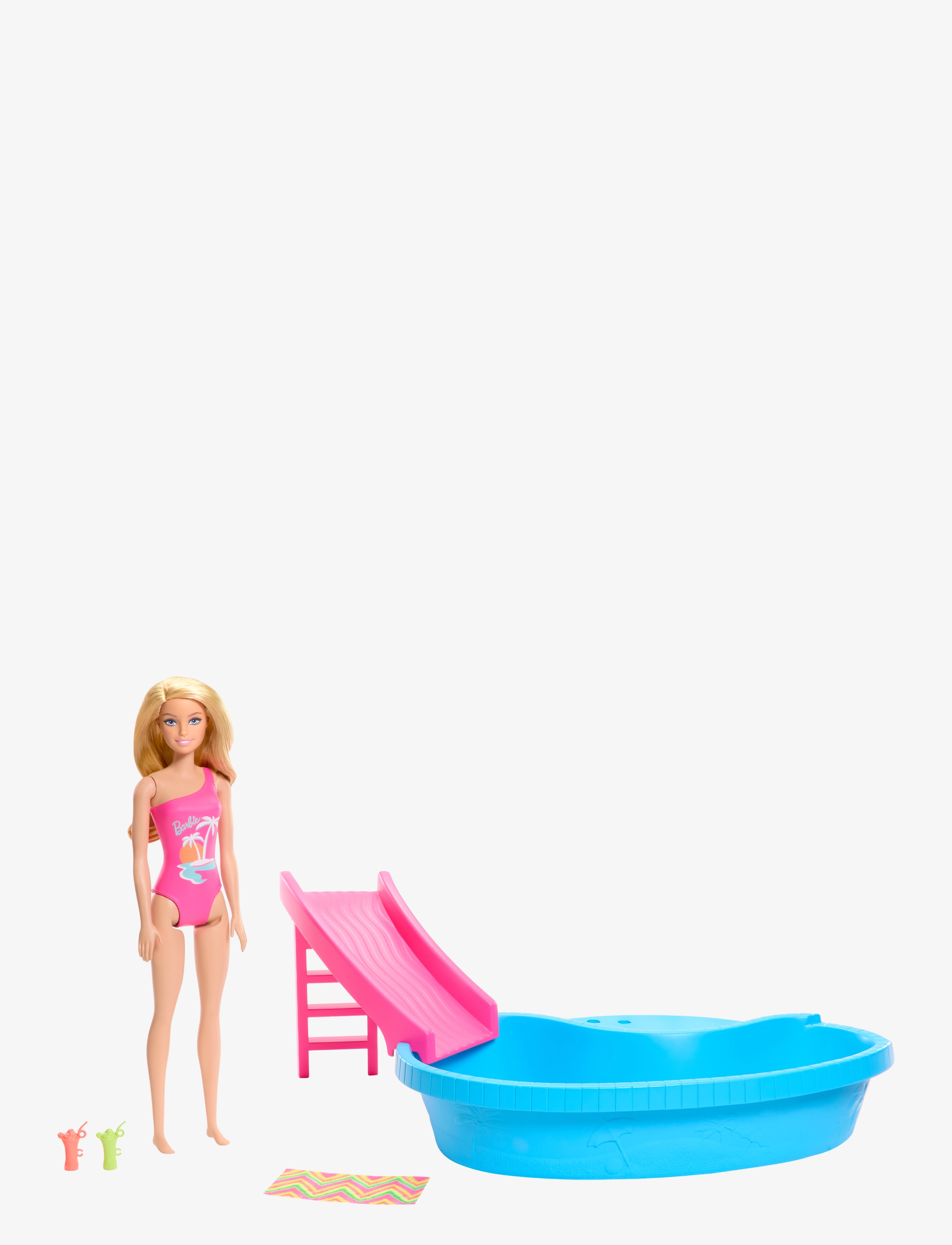 Barbie Doll And Pool Playset, Blonde With Pool, Slide, Towel Drink Accessories, One Size, Dolls & Mehrfarbig/gemustert - Dolls, Kinder