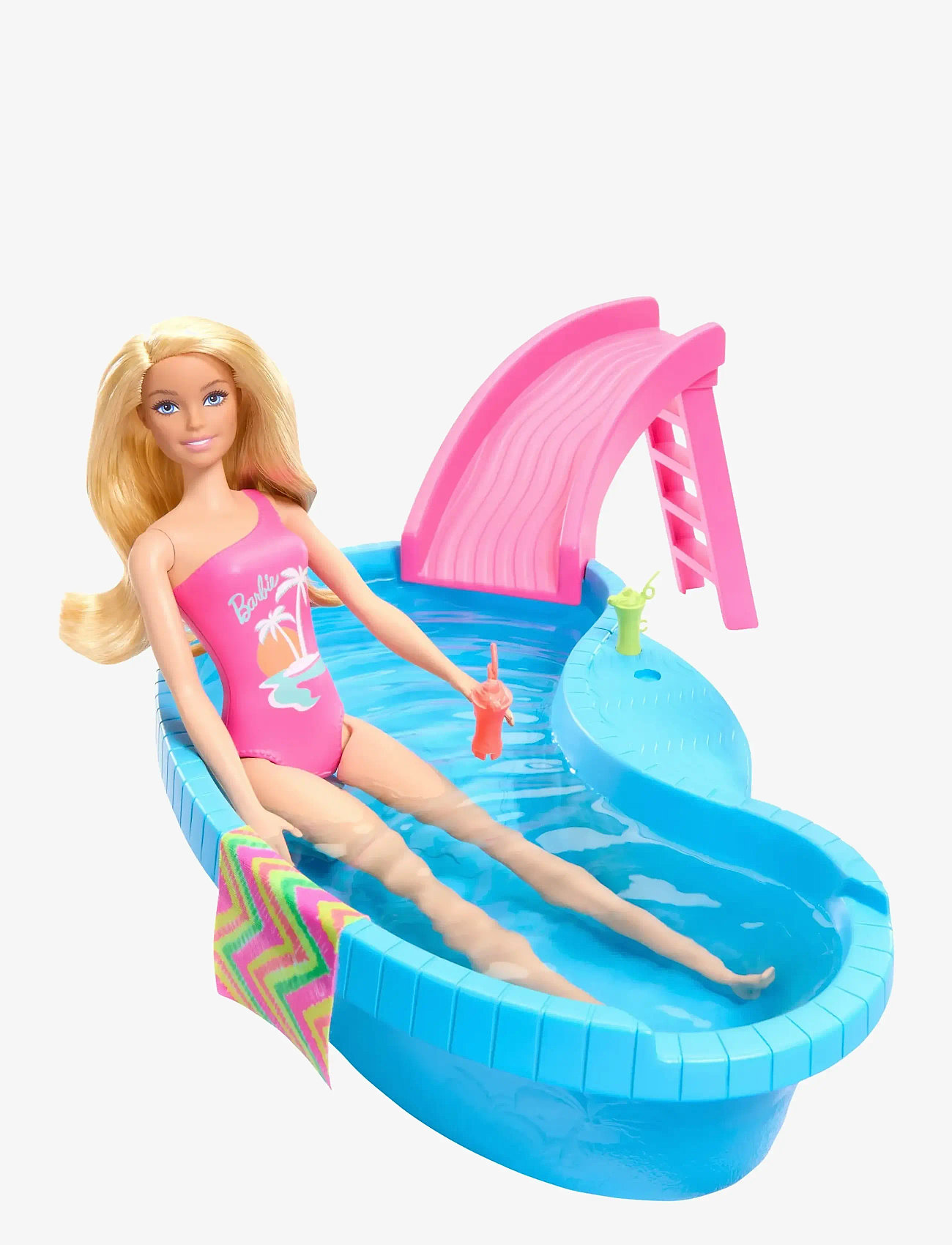 Barbie - Doll and Pool Playset, Blonde with Pool, Slide, Towel and Drink Accessories - dockor - multi color - 1
