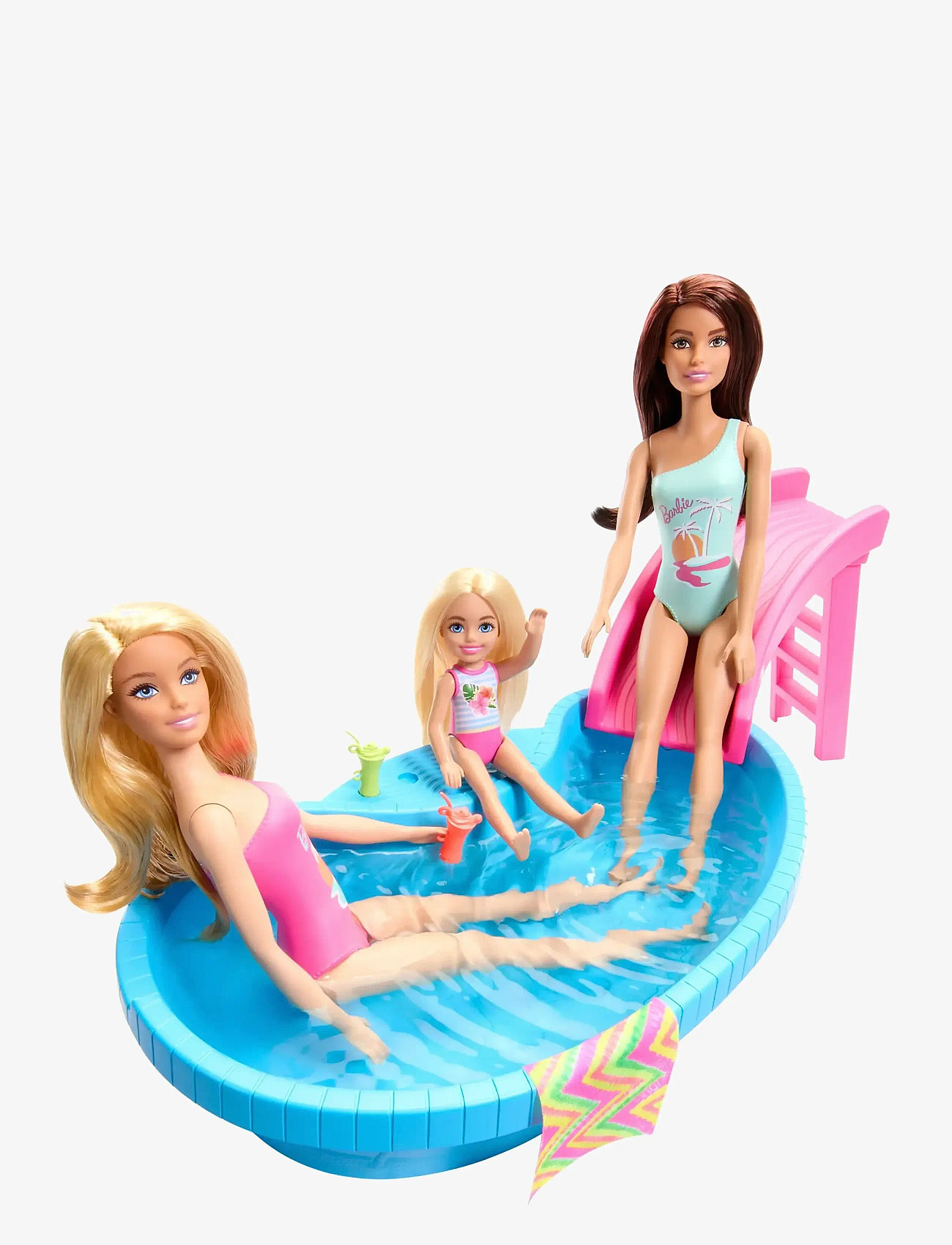 Barbie - Doll and Pool Playset, Blonde with Pool, Slide, Towel and Drink Accessories - dockor - multi color - 3