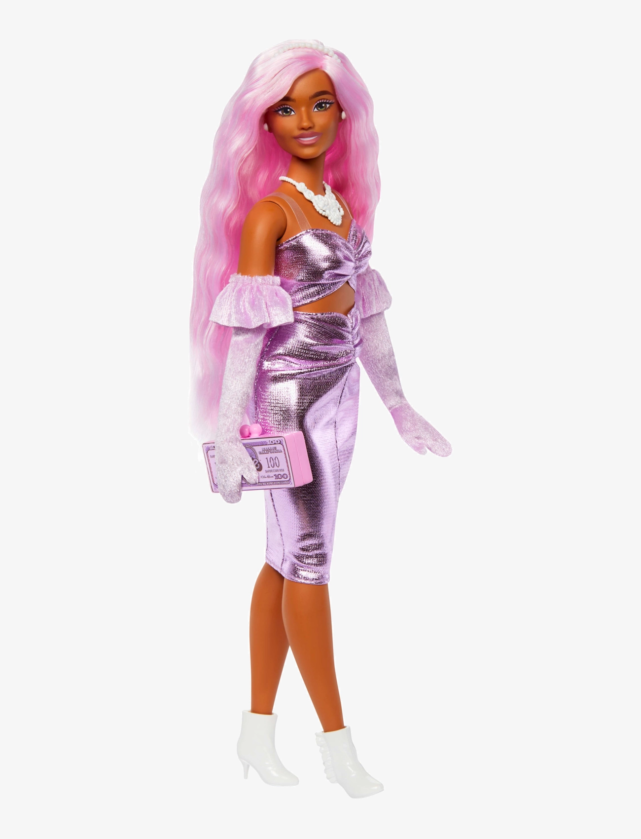 Barbie Deluxe Style Doll #1 In Glossy Pink Core Dress With Velvet Gloves, Pink Hair, Børn, Dolls, Pink, Str: ONE SIZE