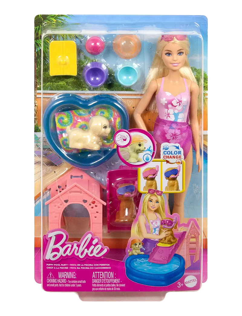 Barbie - Puppy Pool Party Playset with Doll, Pool, Doghouse & Slide, 2 Pet Figures & 6 Accessories - puppen - multi color - 5