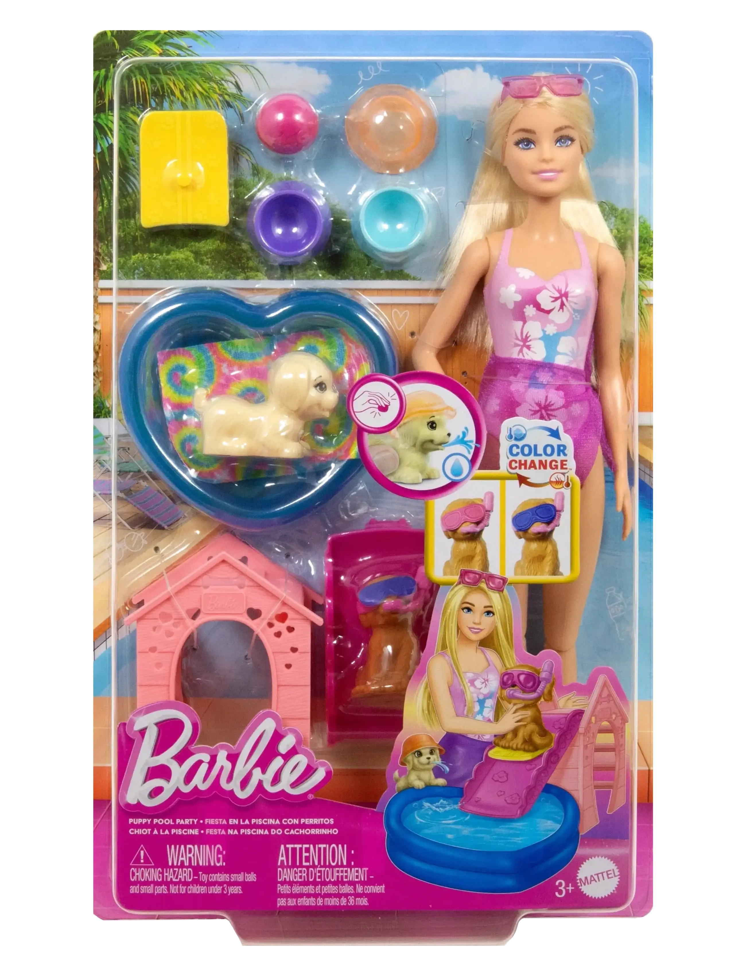 Barbie - Puppy Pool Party Playset with Doll, Pool, Doghouse & Slide, 2 Pet Figures & 6 Accessories - dúkkur - multi color - 5