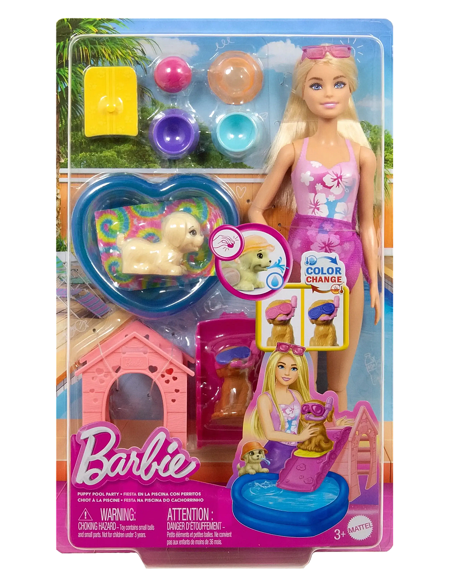 Barbie - Puppy Pool Party Playset with Doll, Pool, Doghouse & Slide, 2 Pet Figures & 6 Accessories - dúkkur - multi color - 5