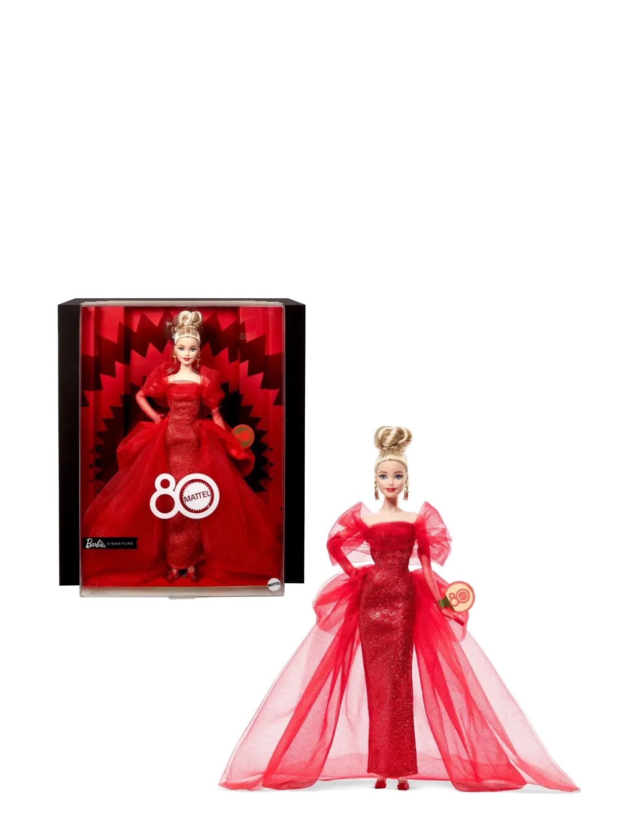 Barbie Signature Collectible Doll for Mattel 80th Anniversary, Glittery Red Tulle Gown, Blonde Hair - 4 for 3 - MULTI COLOR / red