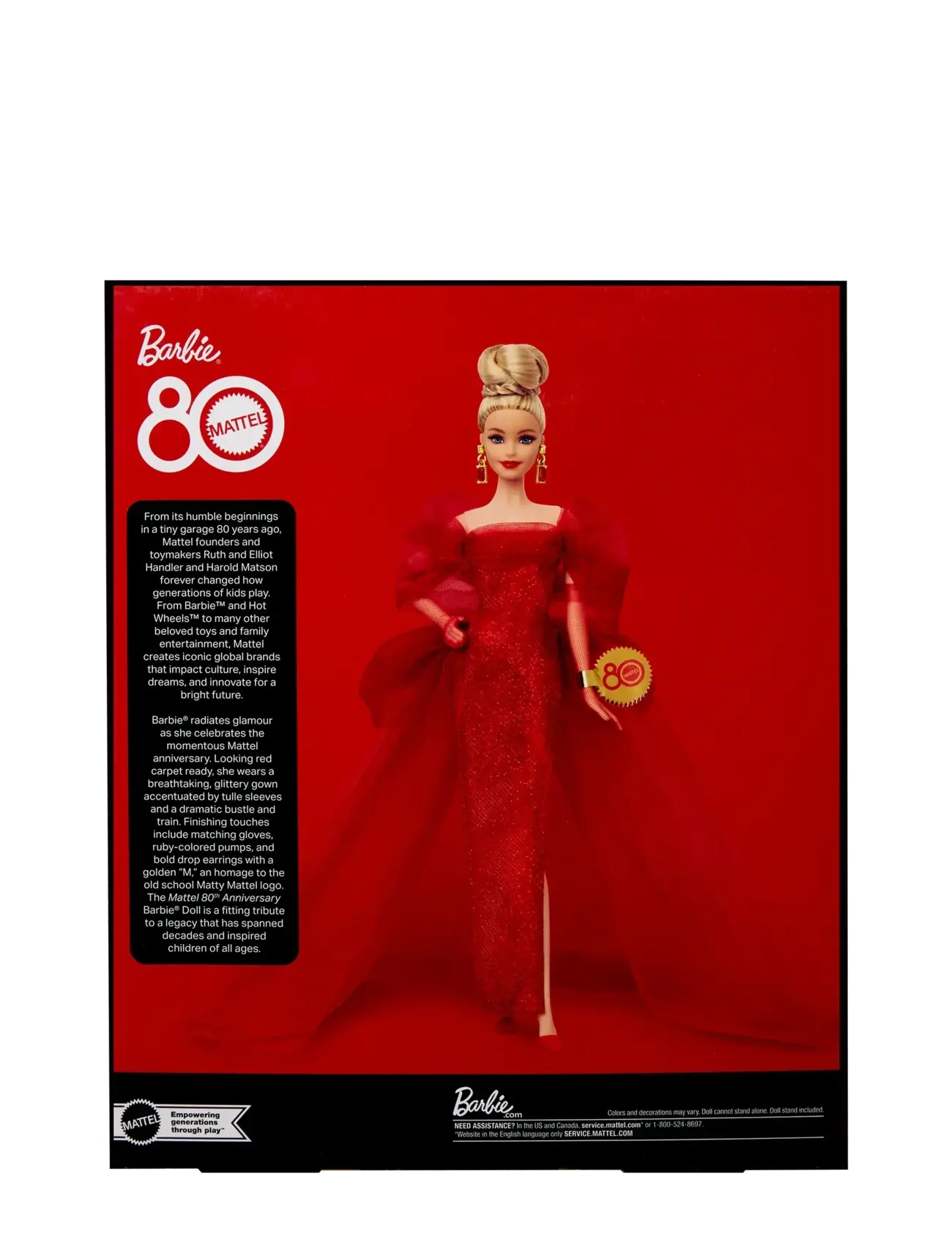 Barbie - Signature Collectible Doll for Mattel 80th Anniversary, Glittery Red Tulle Gown, Blonde Hair - dúkkur - multi color - 5