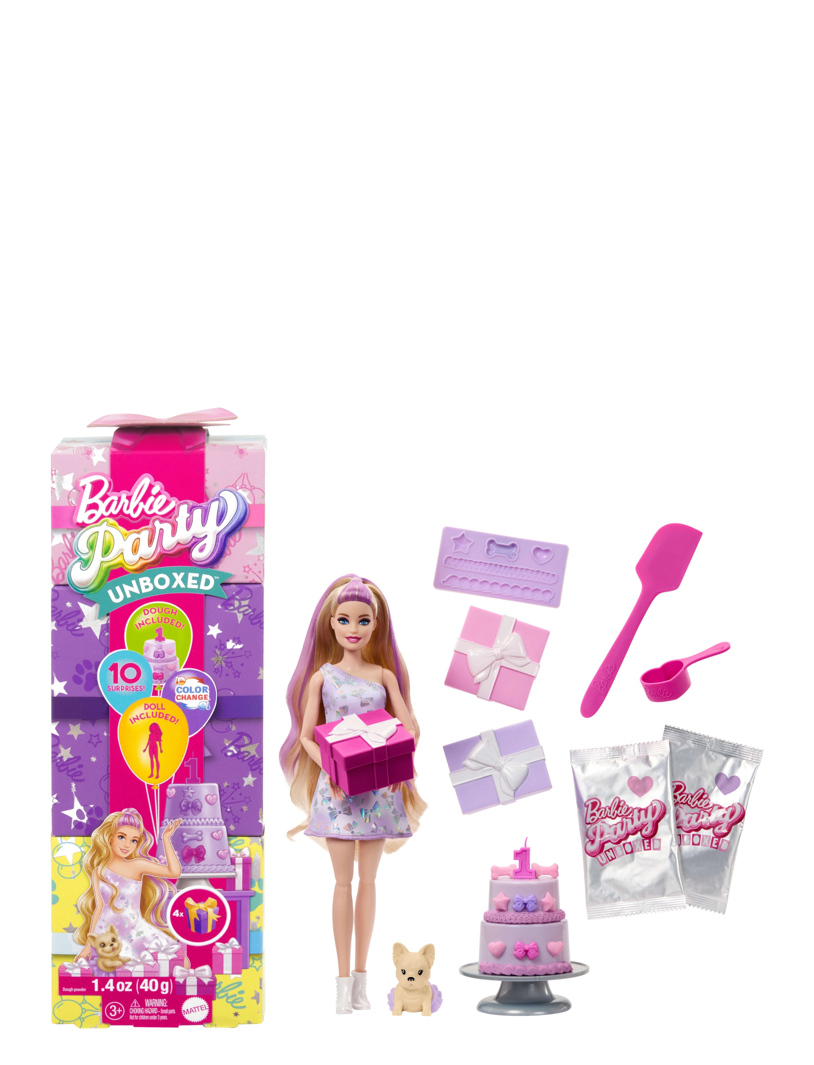 BARBIE Party Unboxed Pet Birthday Series Doll & Accessoires, Birthday Bows Set With 10 Surprises Patterned - One Size - Kinder