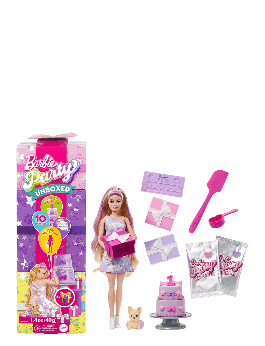 Barbie - Party Unboxed Pet Birthday Series Doll & Accessories, Birthday Bows Set with 10 Surprises - dúkkur - multi color - 1