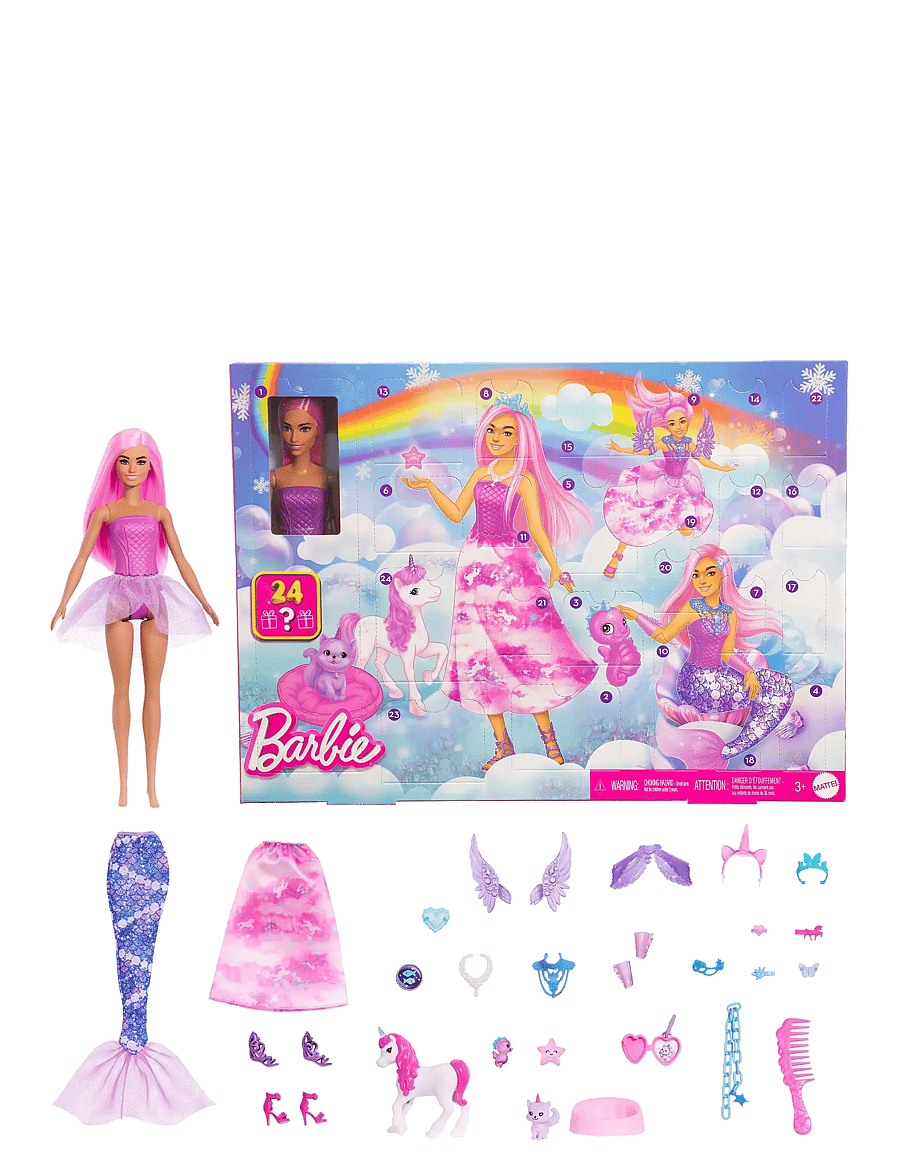Barbie - Advent Calendar with Fashion Doll & 24 Surprise Toy Accessories Including Unicorn & Pets - multi color - 0