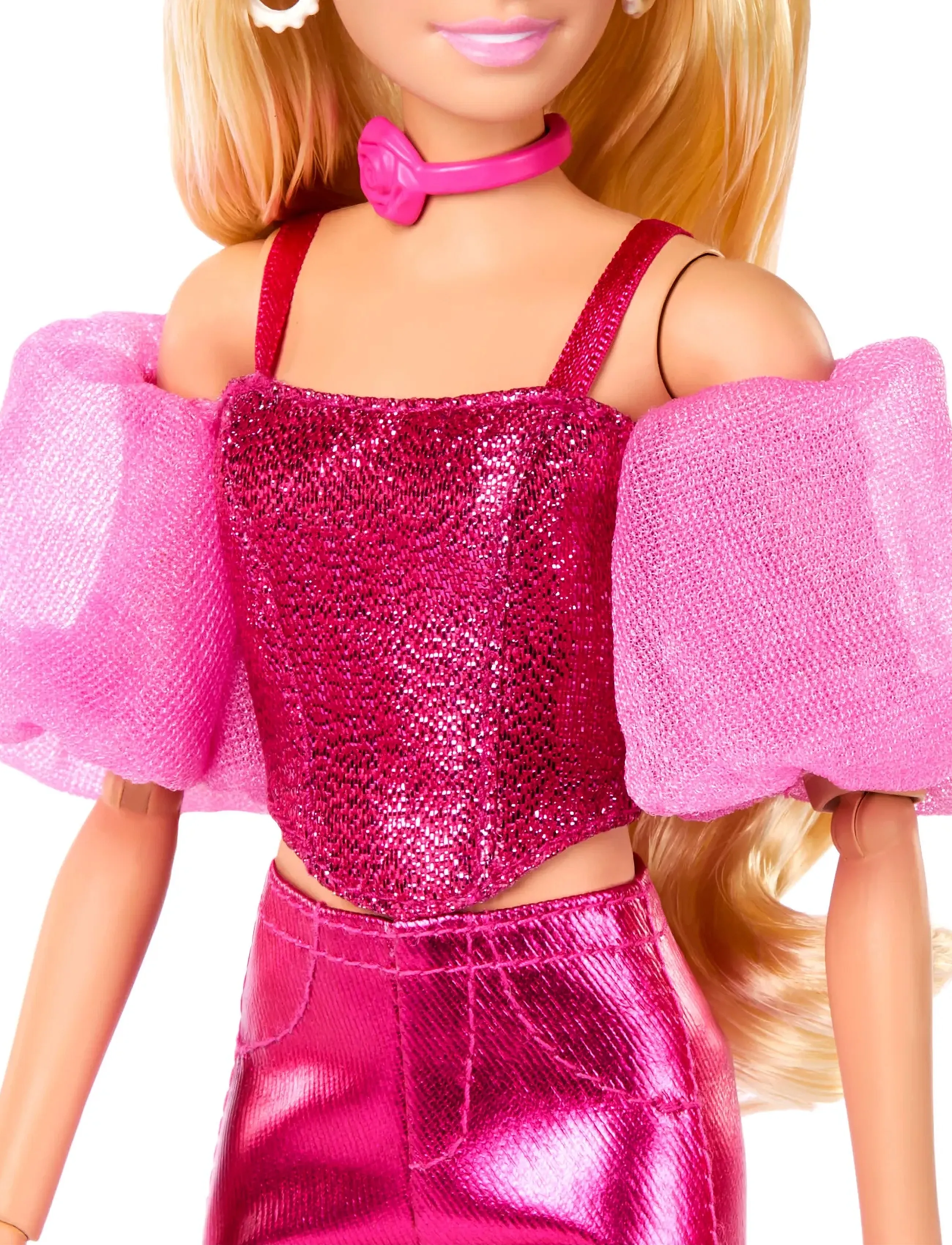 Barbie Deluxe Style-Puppe #5 – Rosa Metallic-Outfit Mit Glitzer-Korsett, Glänzende Hose, Kette, Clutch & High Heels – Blonde Barbie, Bewegliche Gelenke, Ab 4 Jahren