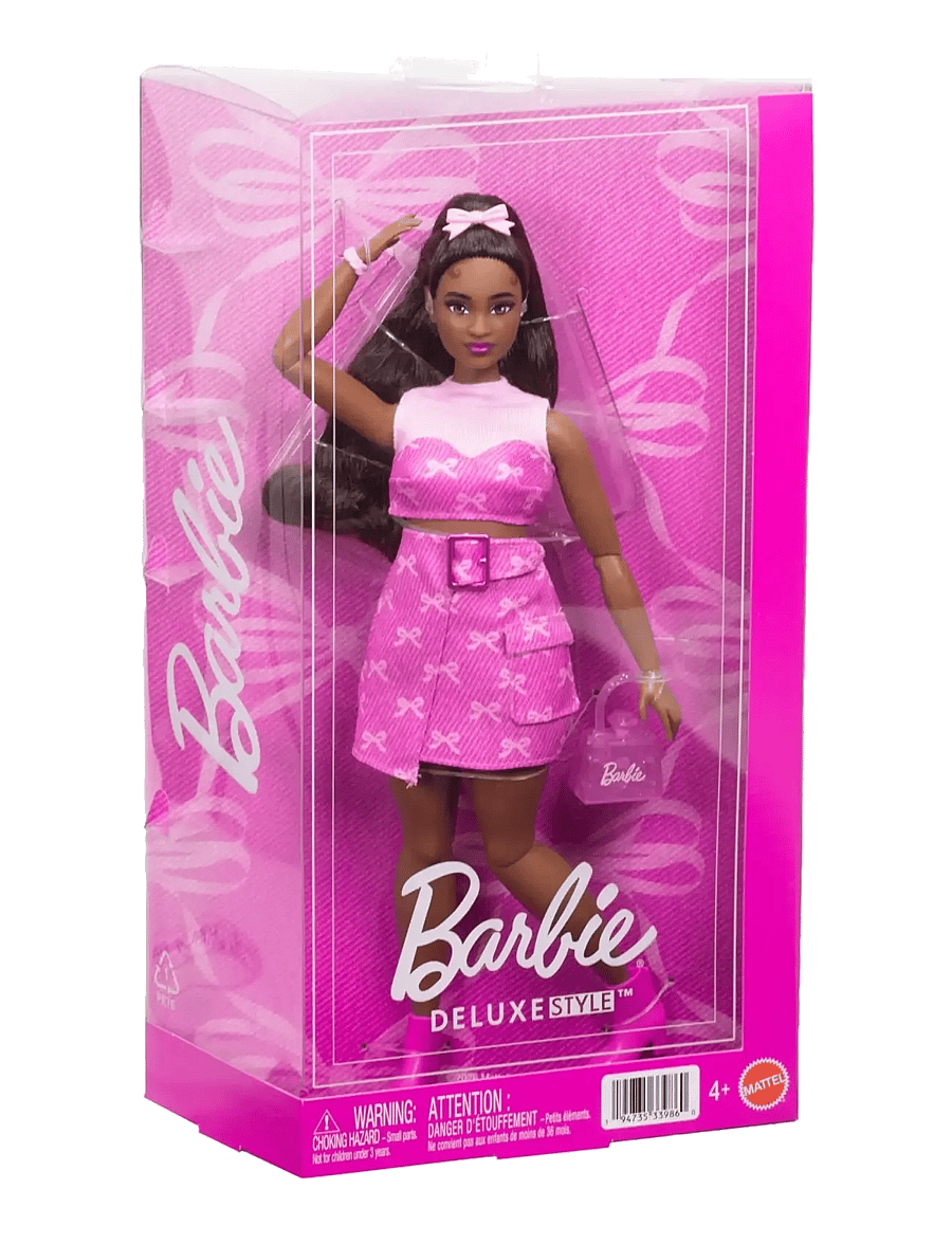 Barbie - Deluxe Style Fashion Doll #10 in Pink Denim Top & Skirt Set with Bow Print, Black Hair - puppen - multicolor - 2