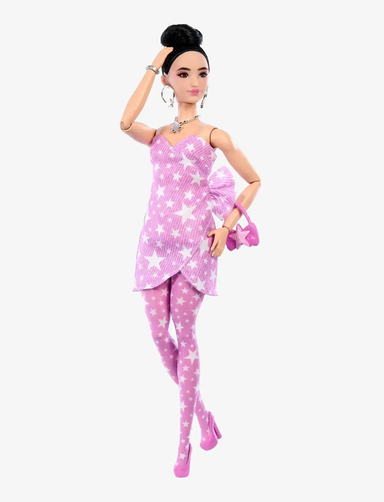 Barbie - Deluxe Style Fashion Doll #11 in Pink Denim Star-Print Dress, Black Hair in Bun - dockor - multicolor - 0