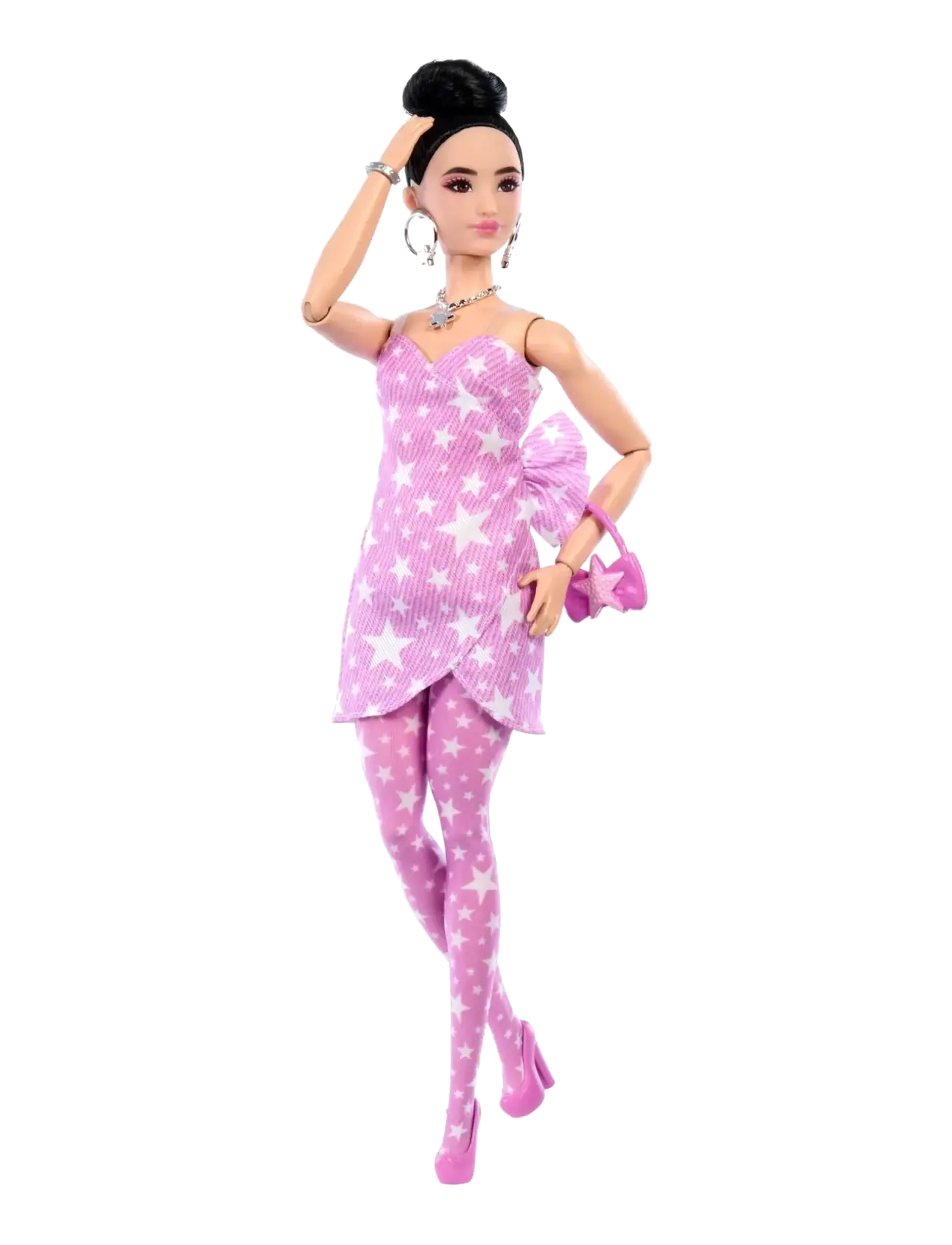 Deluxe Style Fashion Doll #11 in Pink Denim Star-Print Dress, Black Hair in Bun - MULTICOLOR