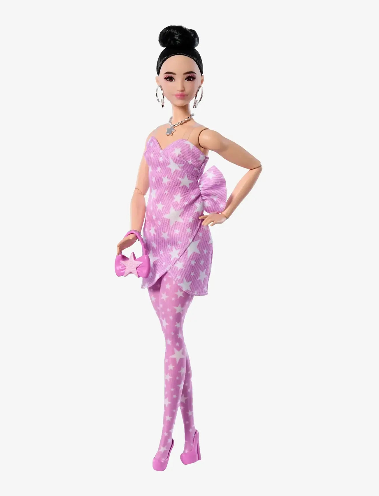 Barbie - Deluxe Style Fashion Doll #11 in Pink Denim Star-Print Dress, Black Hair in Bun - dockor - multicolor - 1