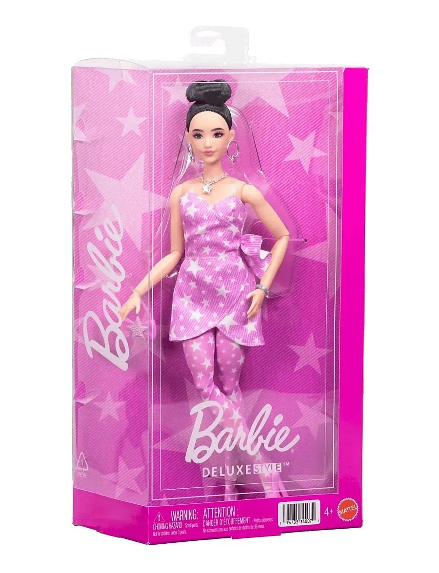 Barbie - Deluxe Style Fashion Doll #11 in Pink Denim Star-Print Dress, Black Hair in Bun - puppen - multicolor - 2