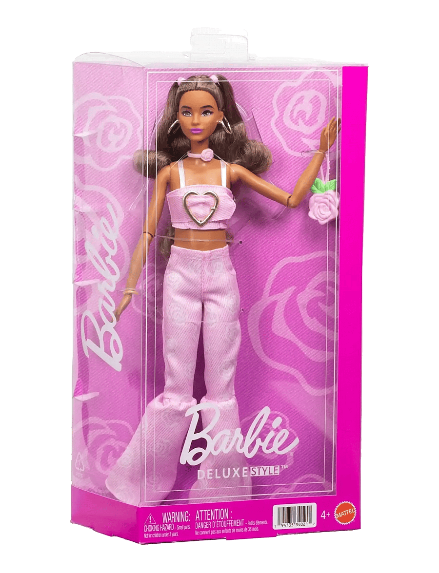 Barbie - Deluxe Style Fashion Doll #12 in Pink Denim Crop Top and Flare Jeans, Brunette - multicolor - 2
