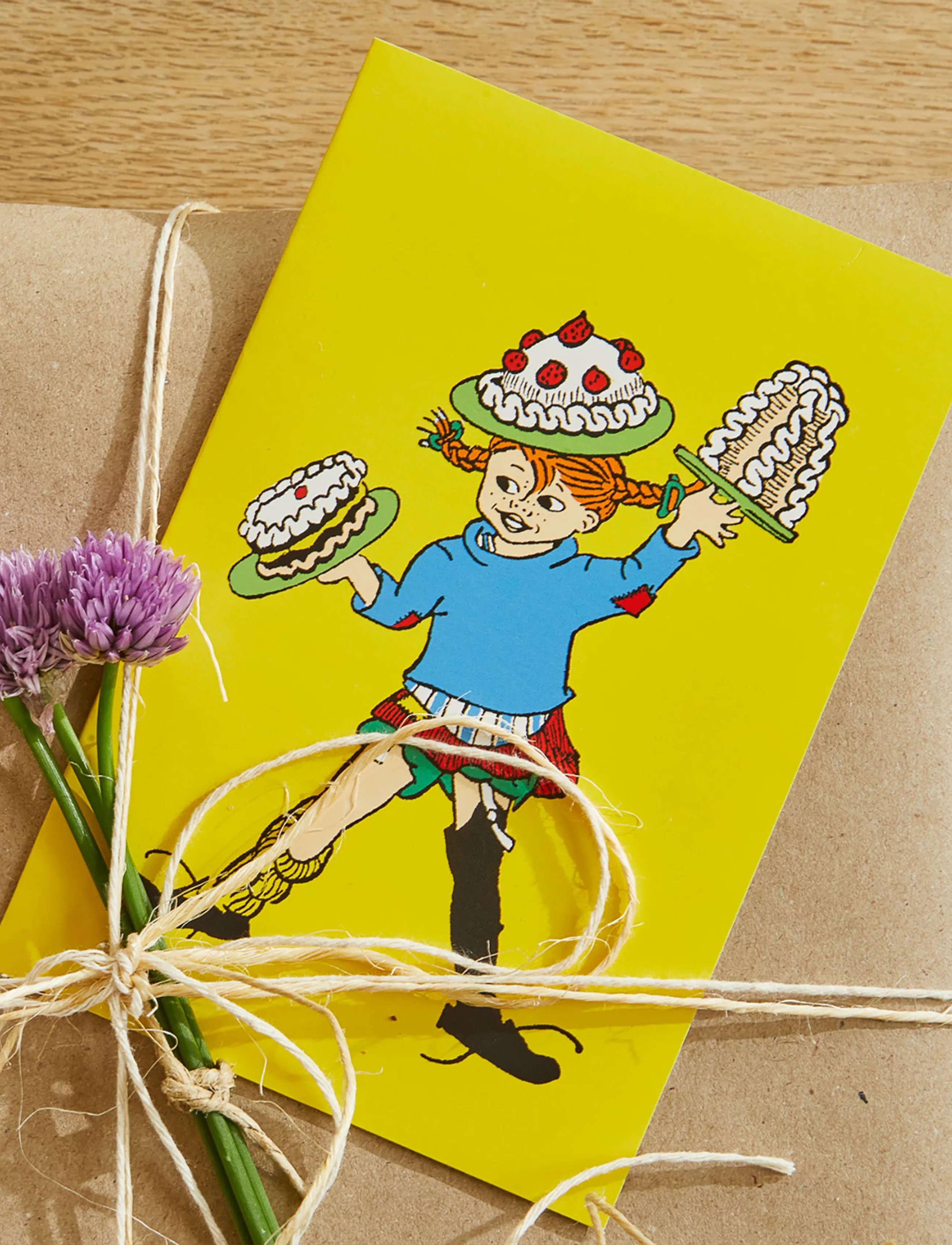 Pippi Langstrømpe Pippi Greeting Card W. Envelope Yellow, Børn, Postcards, Gul, Str: ONE SIZE