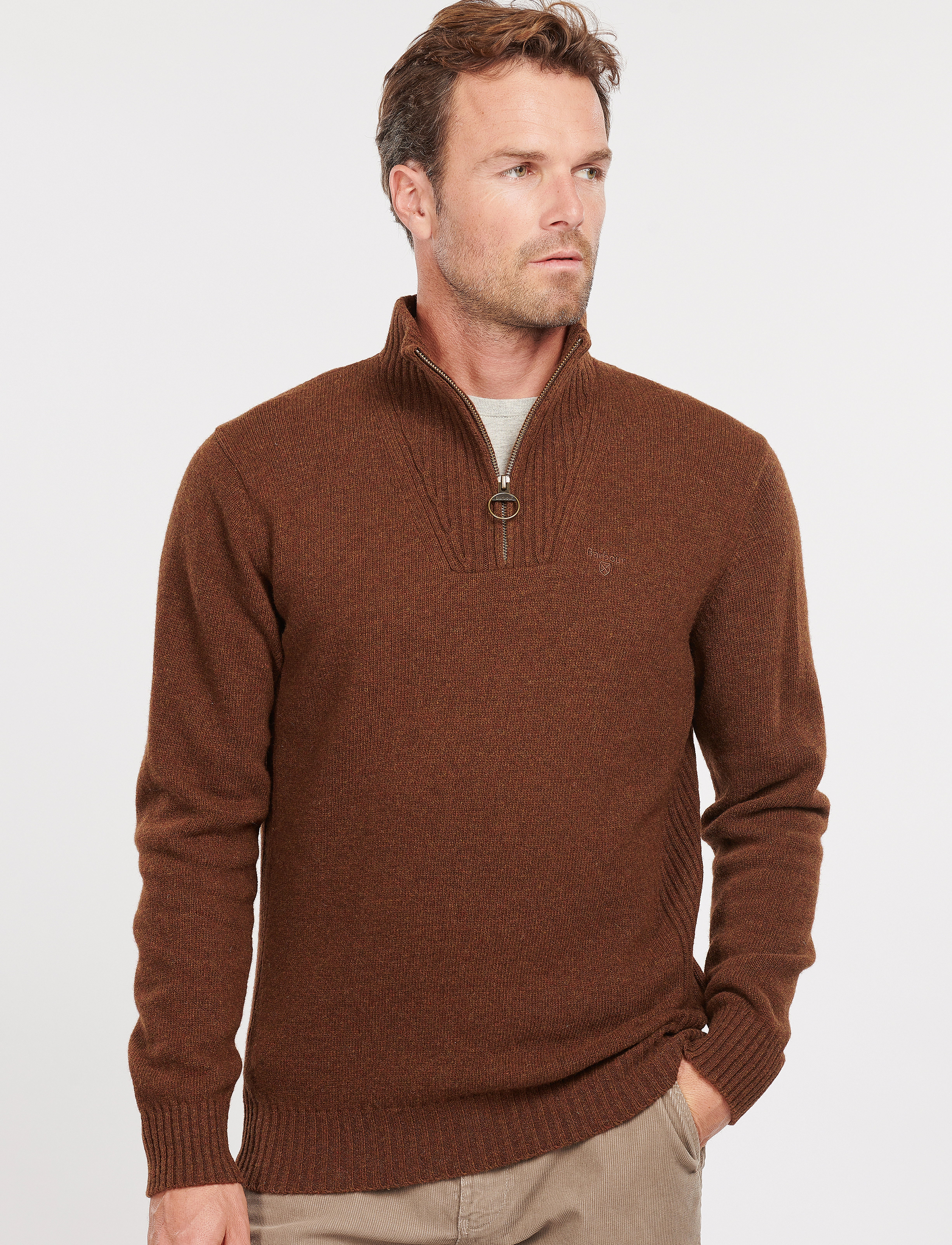 Barbour Essential L/Wool Half Zip Knitted Jumper, Mænd, Sweater Med Halv Lynlås, Brun, Str: S