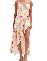 bardot sorella printed midi dress Bardot Sorella Printed Satin V-Neck Draped Asymmetric Ruffle Midi Dress