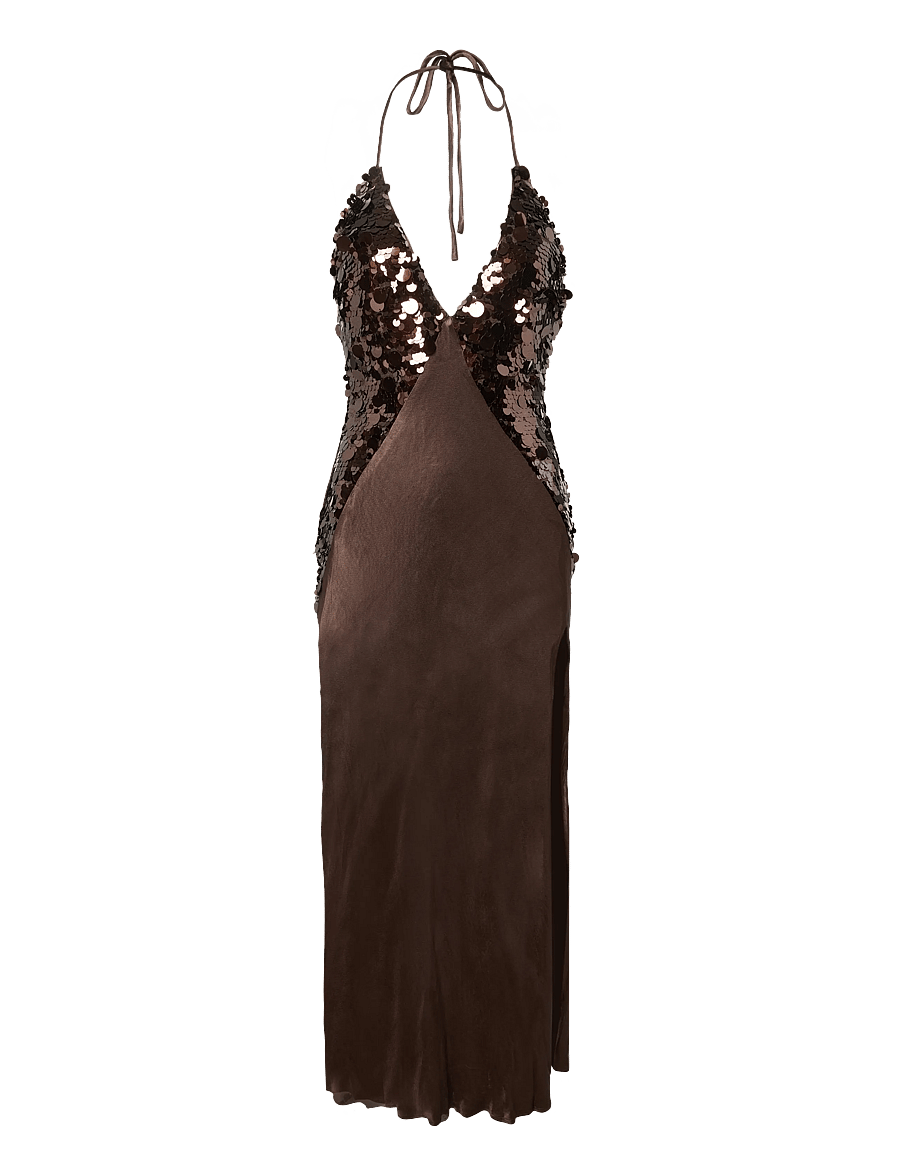 Bardot - YVE SEQUIN SATIN HALTER DRESS - aftenkjoler - chocolate - 0