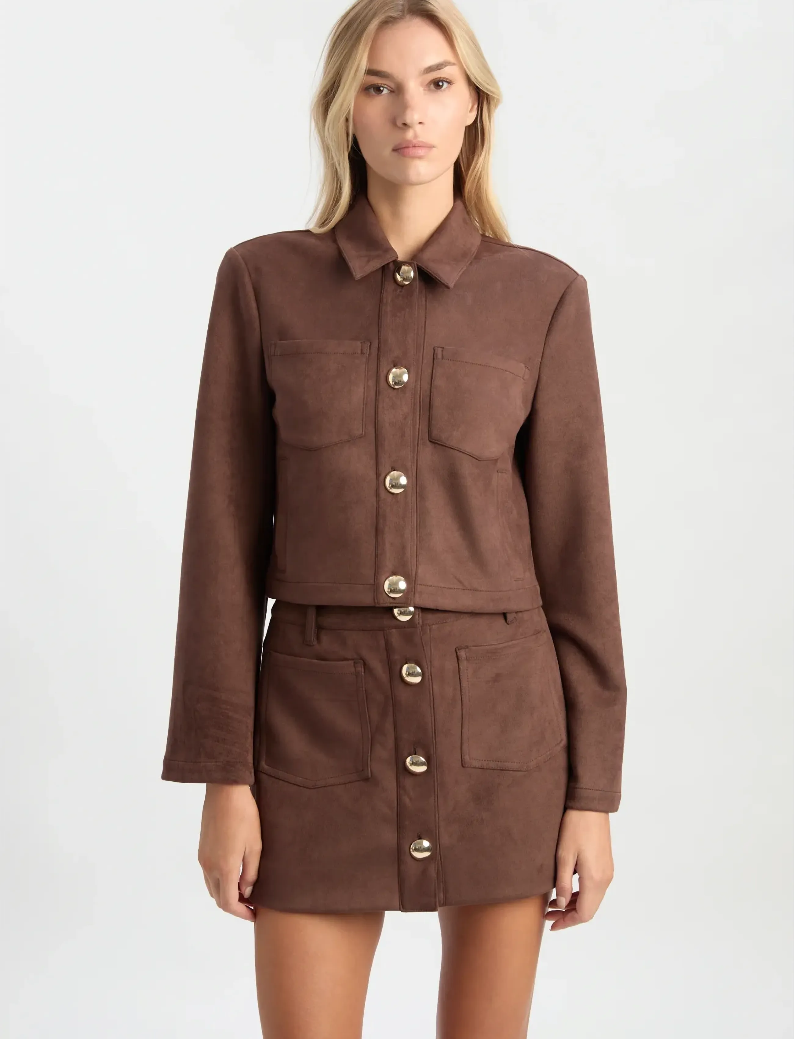 Bardot Lorenzo Vegan Suede Skirt, Kvinder, Knapfront Mini Nederdel, Brun, Str: 38