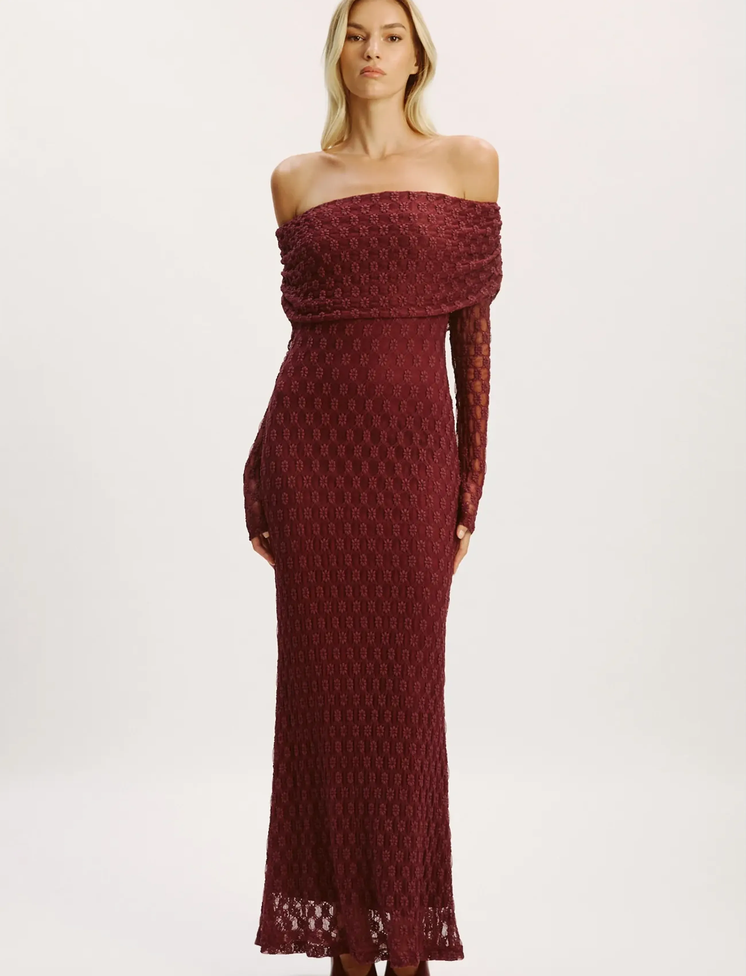 Bardot Adoni Off Shoulder Maxi Dress, Kvinder, Off Shoulder Maxikjole, Bordeaux, Str: 40