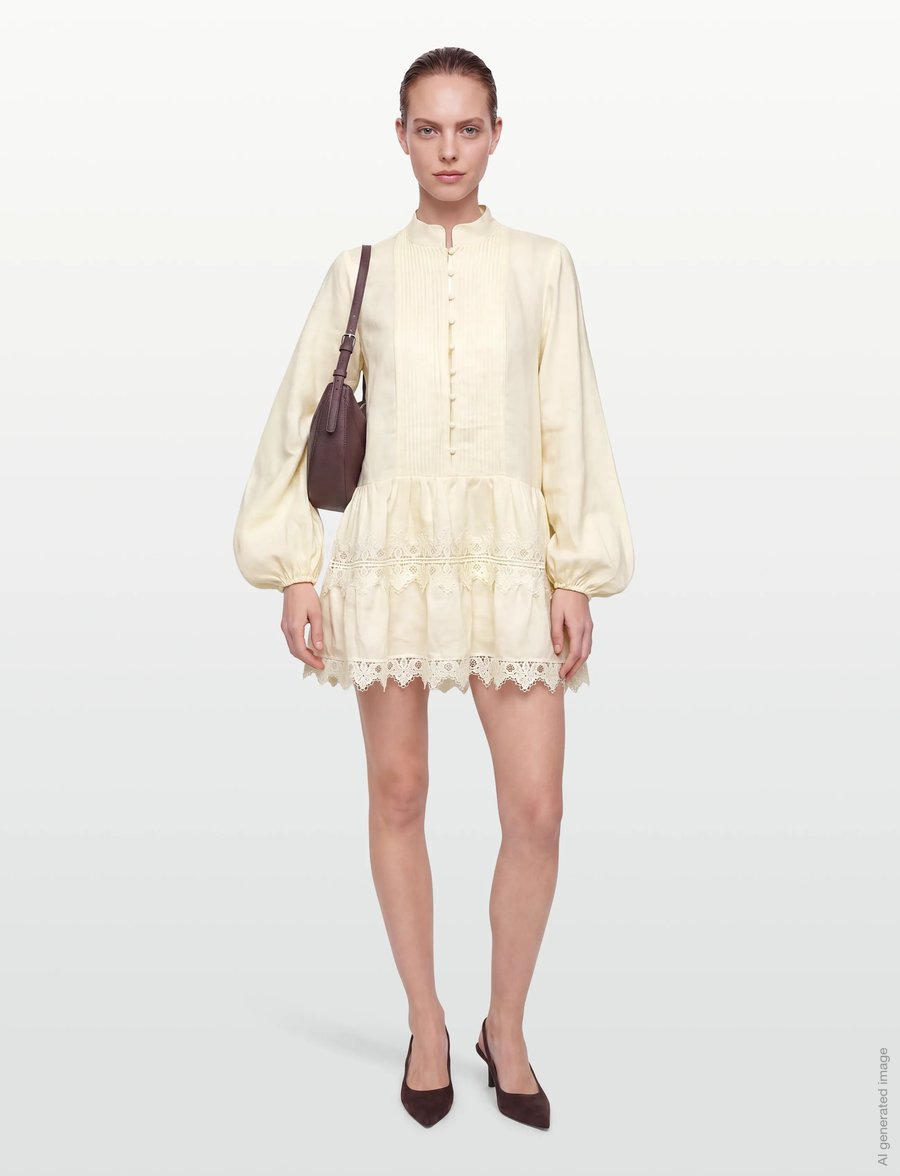 antonia lace trim mini dress Bardot Antonia lace trim balloon sleeve button down mini dress in chocolate brown