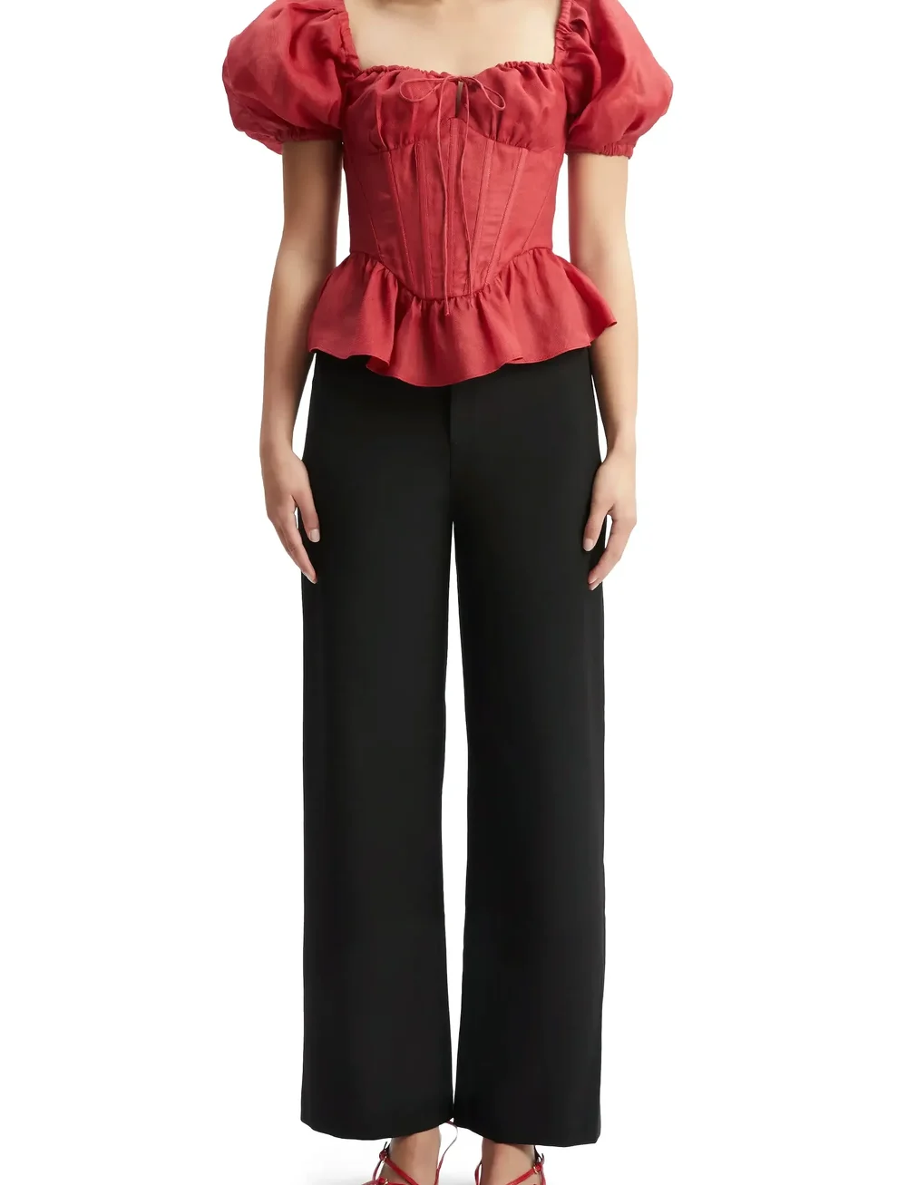 Bardot - ESRA PUFF SLEEVE CORSET TOP - kortærmede bluser - fire red - 0