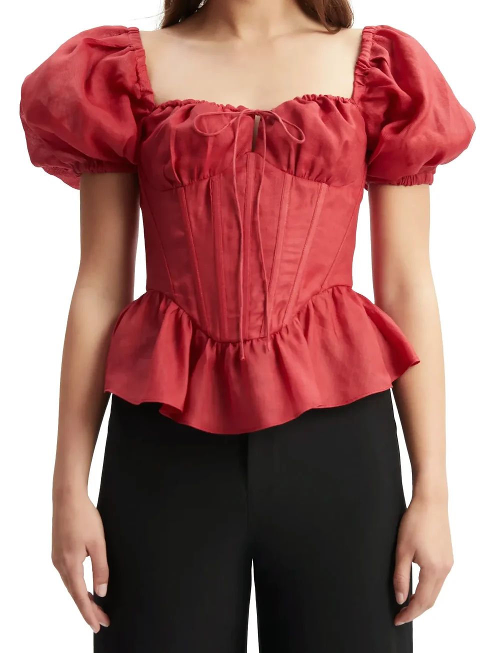 Bardot - ESRA PUFF SLEEVE CORSET TOP - kortærmede bluser - fire red - 5