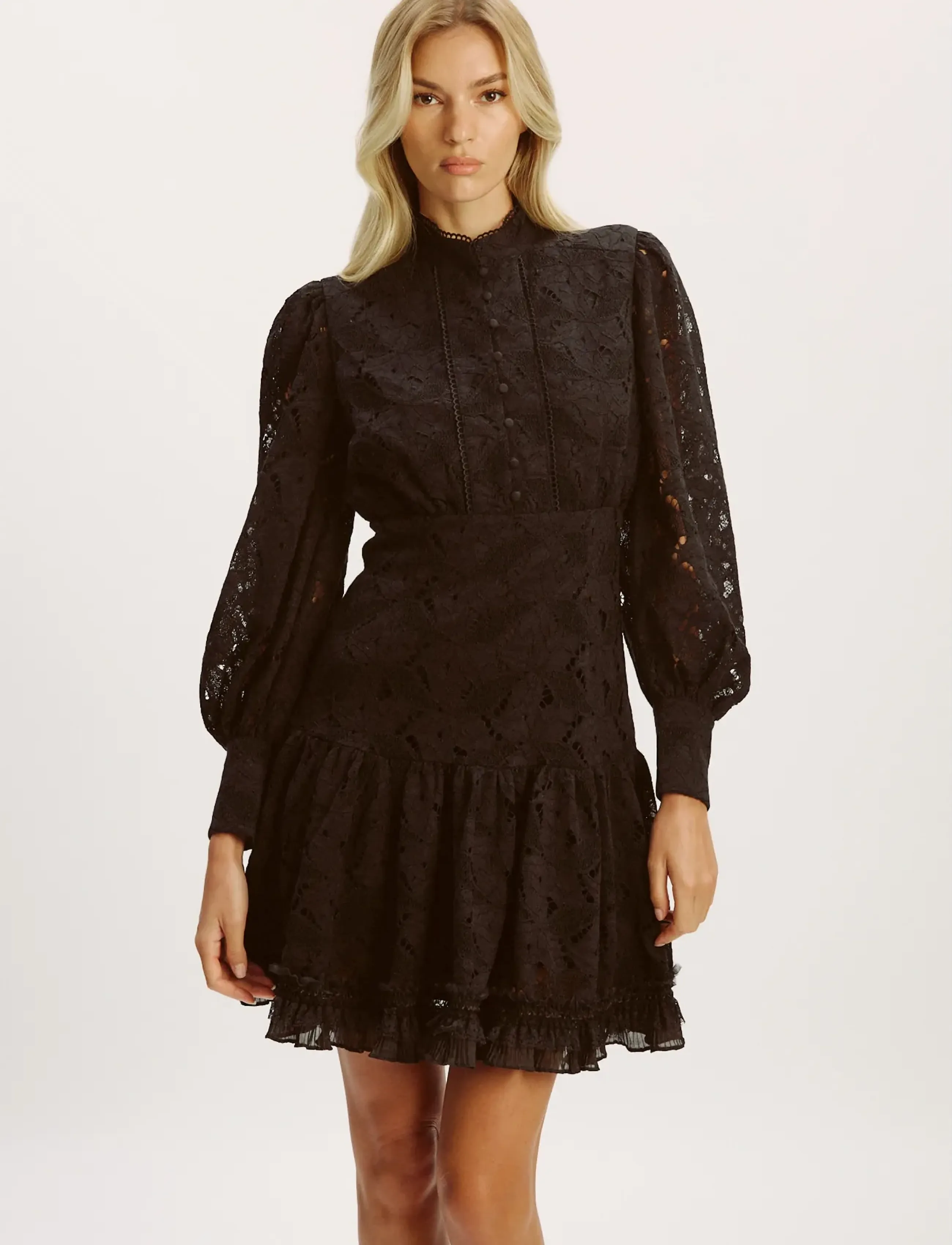 Bardot Olessia Lace Mini Dress, Kvinder, Høj Hals Blonde Minikjole, Sort, Str: 34