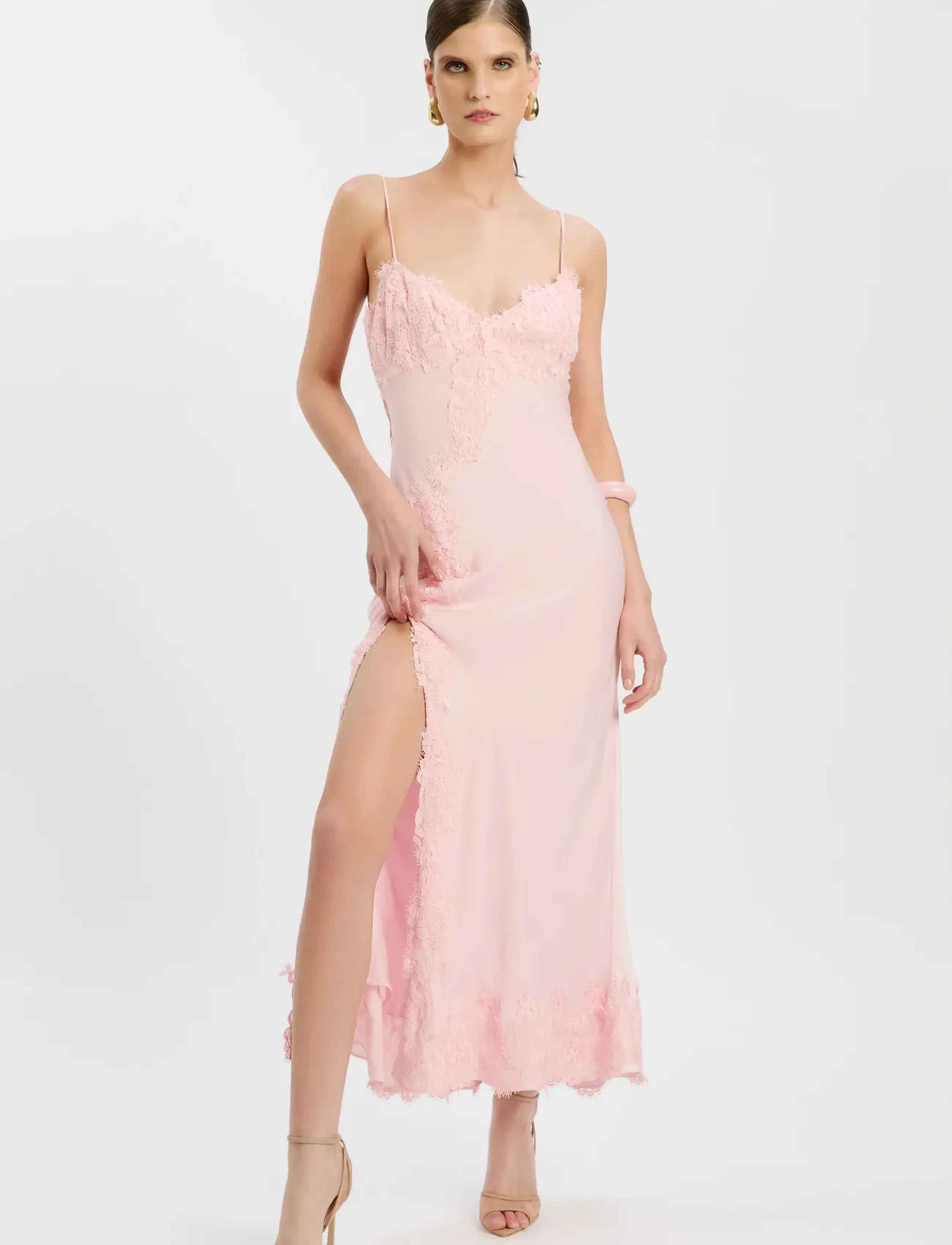 Bardot Alerie Lace Satin Maxi Dress, Kvinder, Blonde Satin Maxikjole, Pink, Str: 40