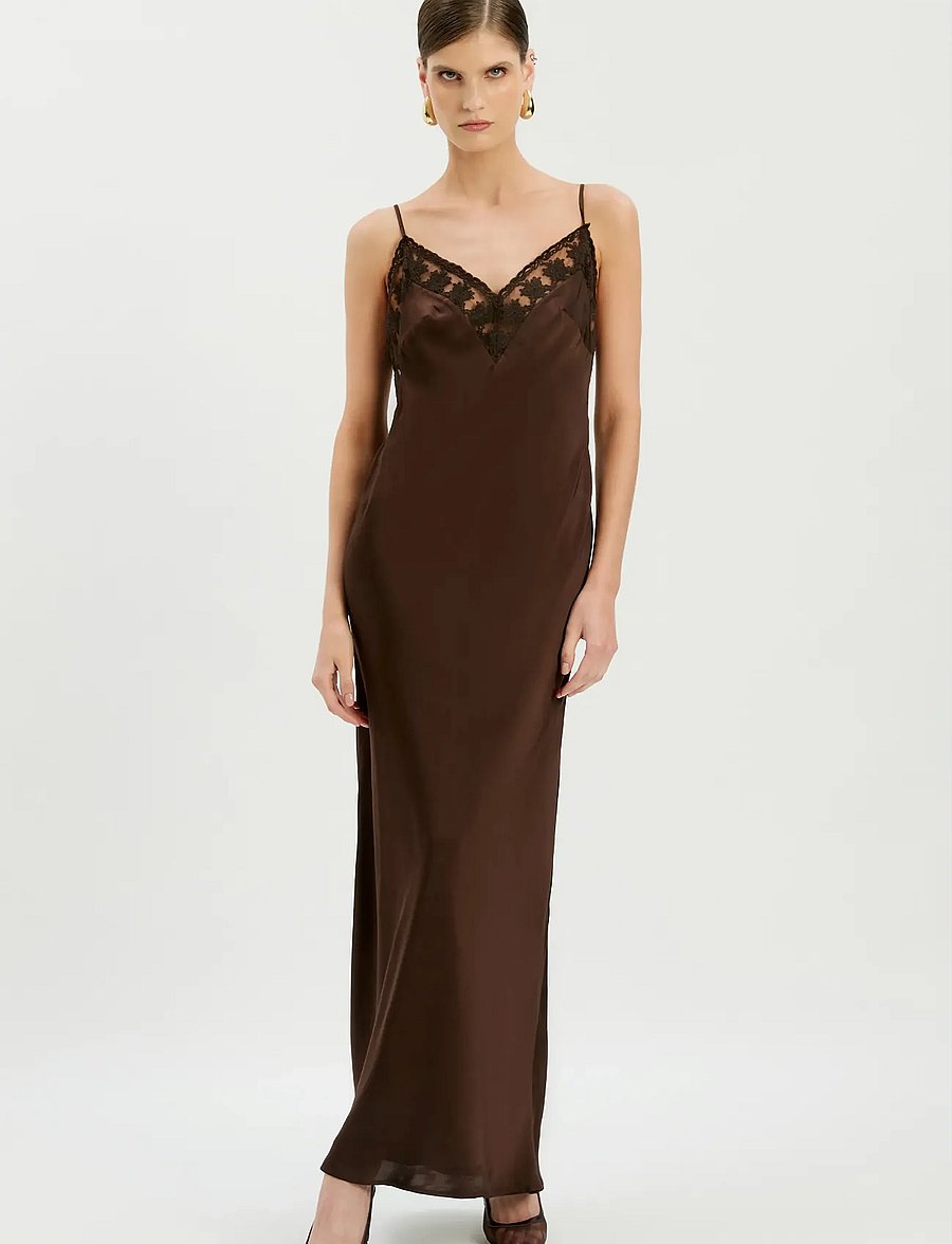Bardot - BONITA LACE TRIM MAXI DRESS - vabalt langevad slip-kleidid - dark choco - 0