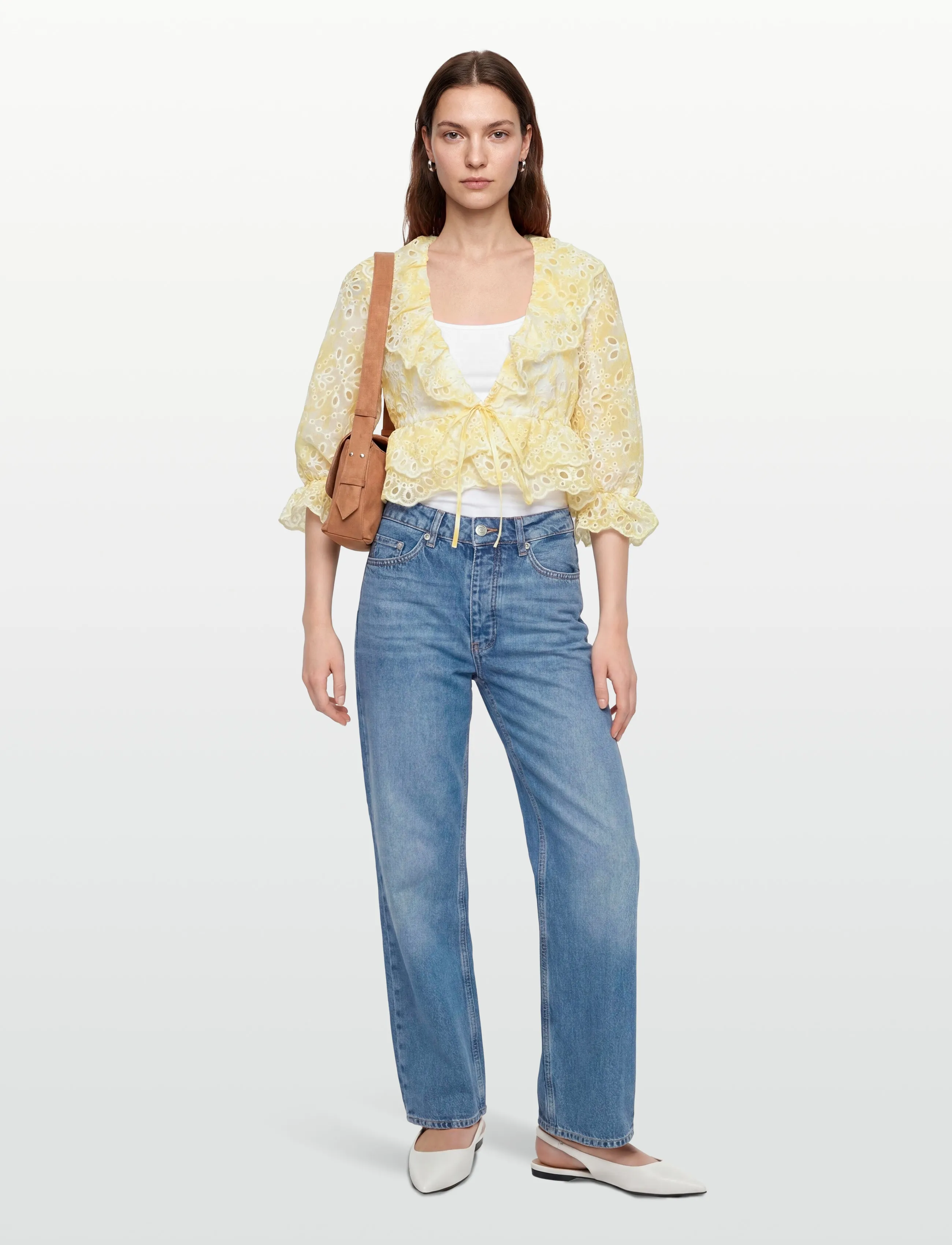 Bardot Naomi Drawcord Broderie Blouse, 34, Yellow, Bluser > Langærmede, Dame