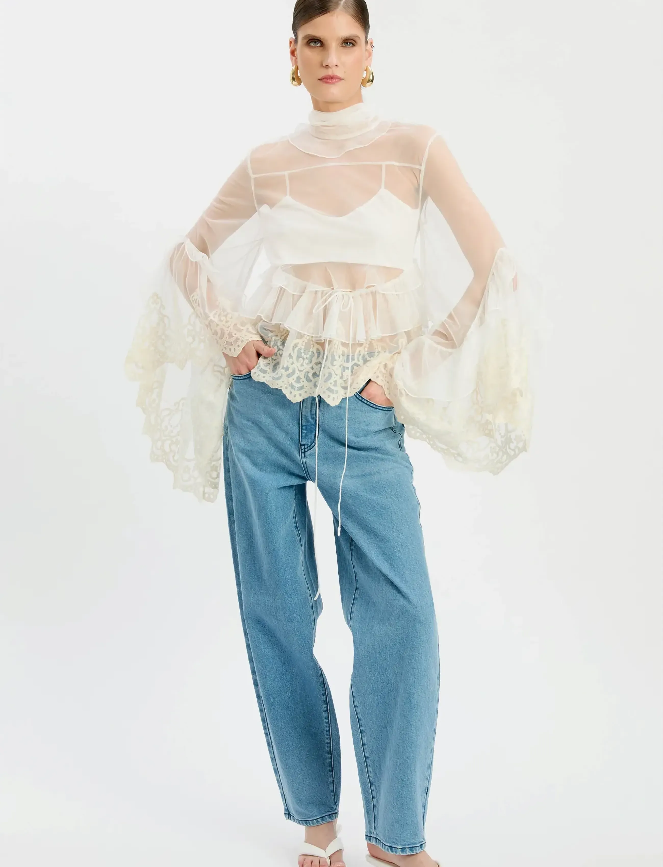 Bardot - ANYSSA LACE EDGE RUFFLE BLOUSE - langerma blússur - ivory - 5