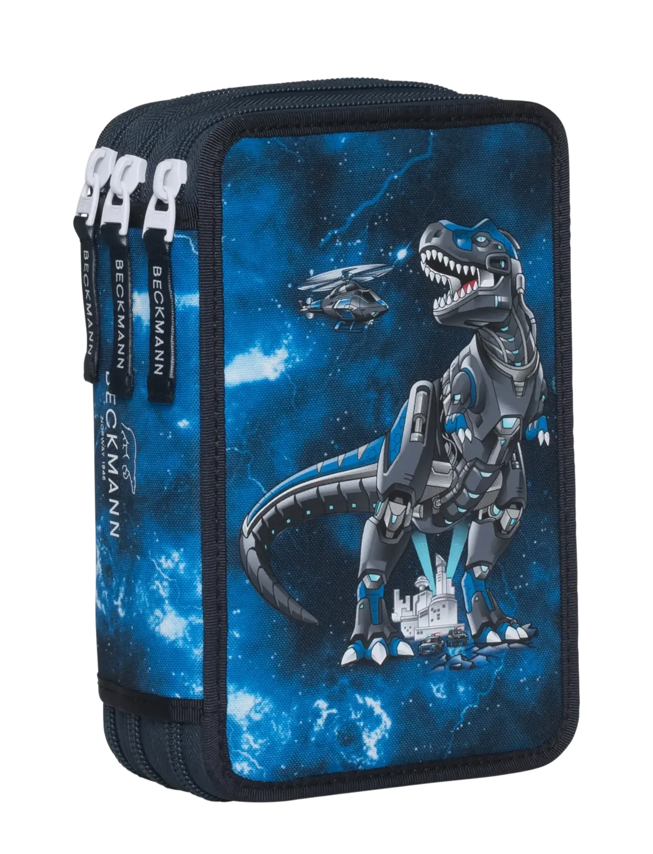 Beckmann Norway Three section pencil case with content, Tech Rex - Federmäppchen - BLACK / blue