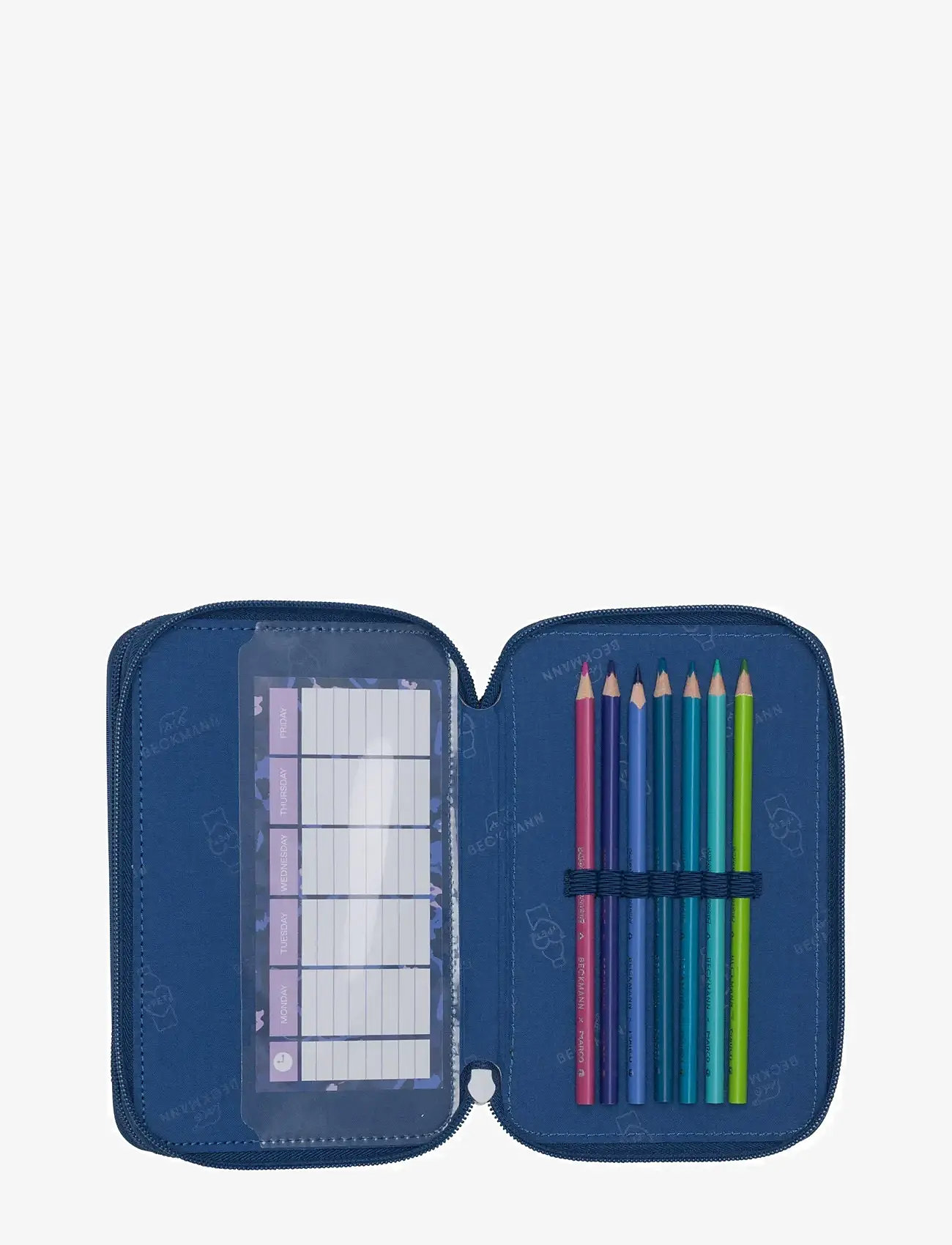 Beckmann Norway - Three section pencil case with content, Cheeta - pinalid - dark blue - 3