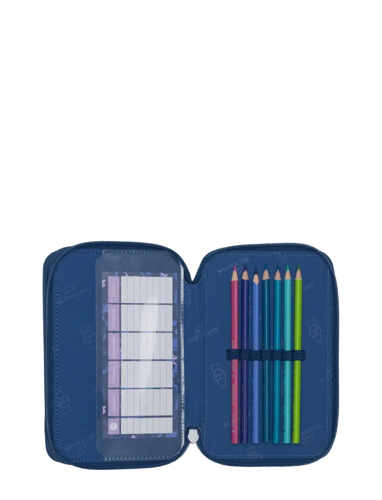 Beckmann Norway - Three section pencil case with content, Cheeta - pinalid - dark blue - 3