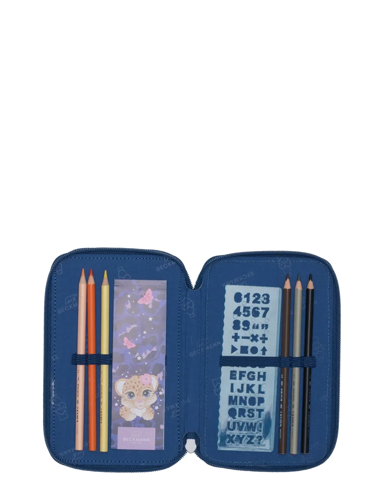 Beckmann Norway - Three section pencil case with content, Cheeta - pinalid - dark blue - 4