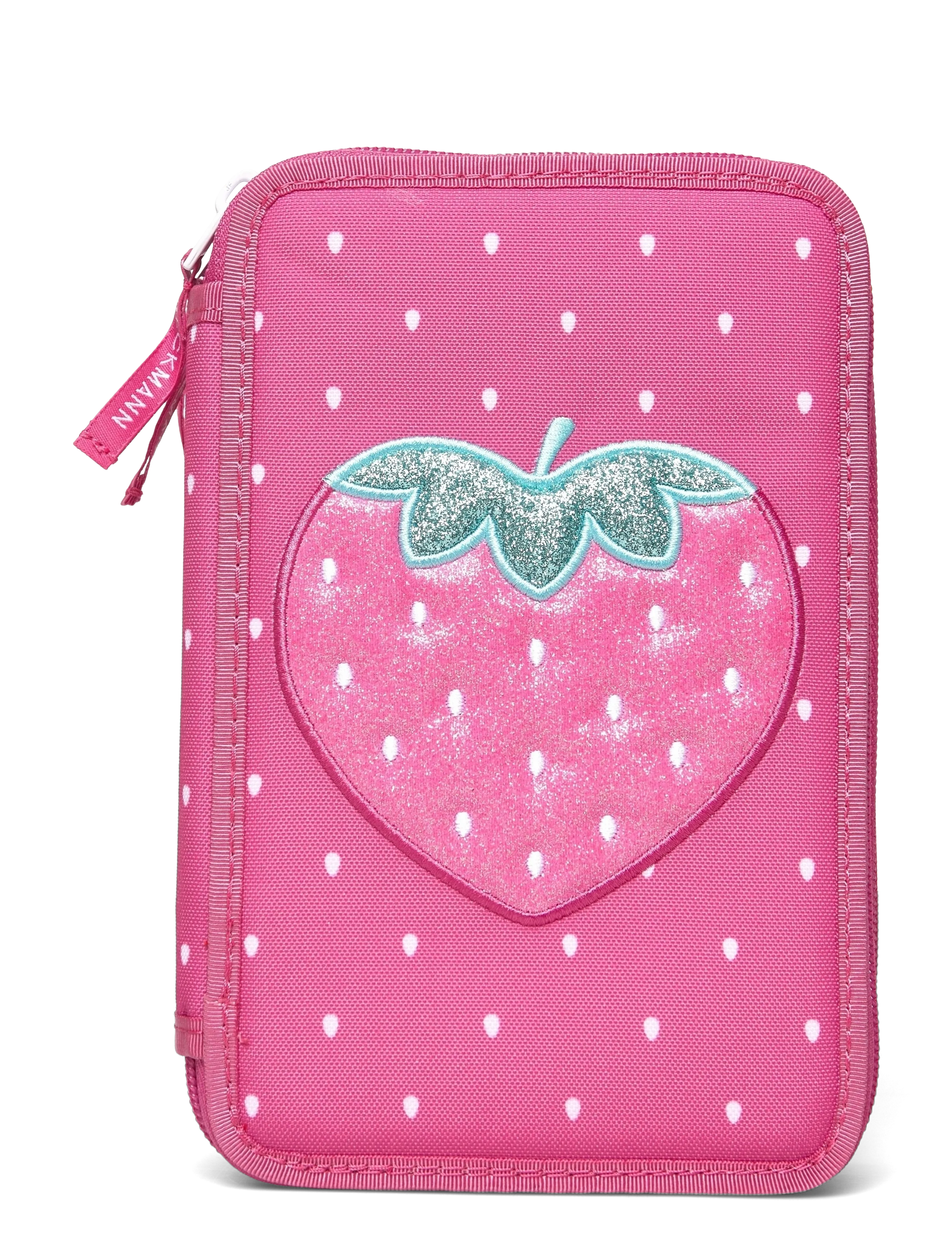 Three section pencil case with content, Strawberry - PINK