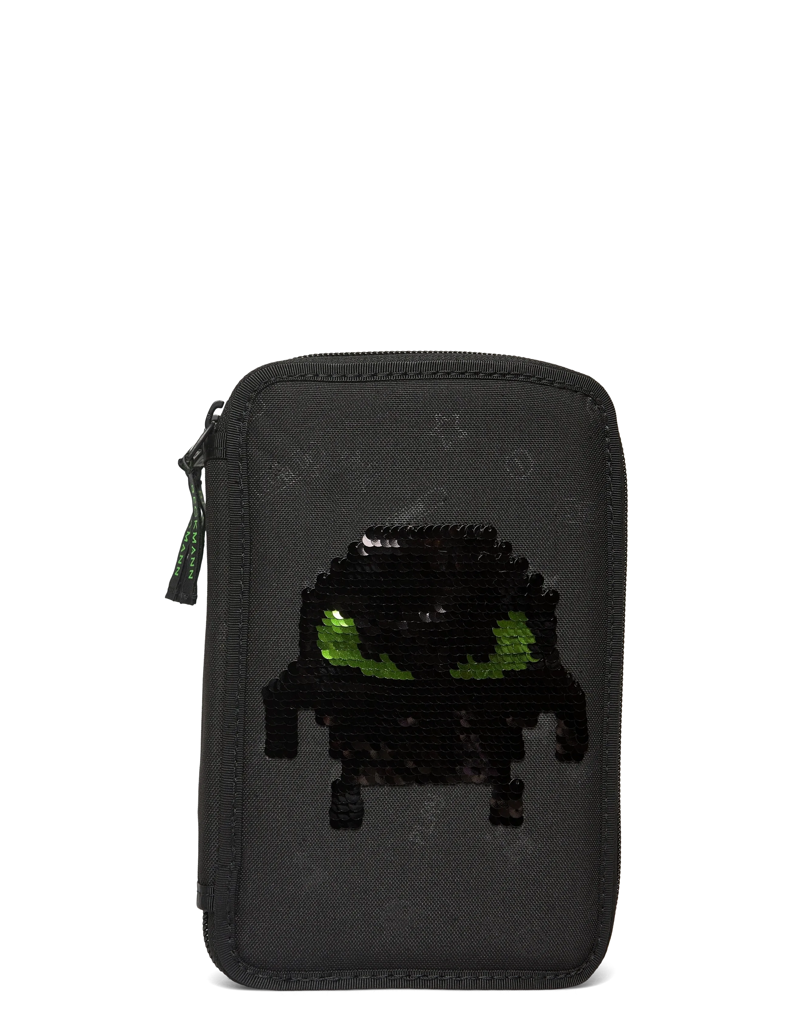 Three section pencil case with content, Pixel - BLACK