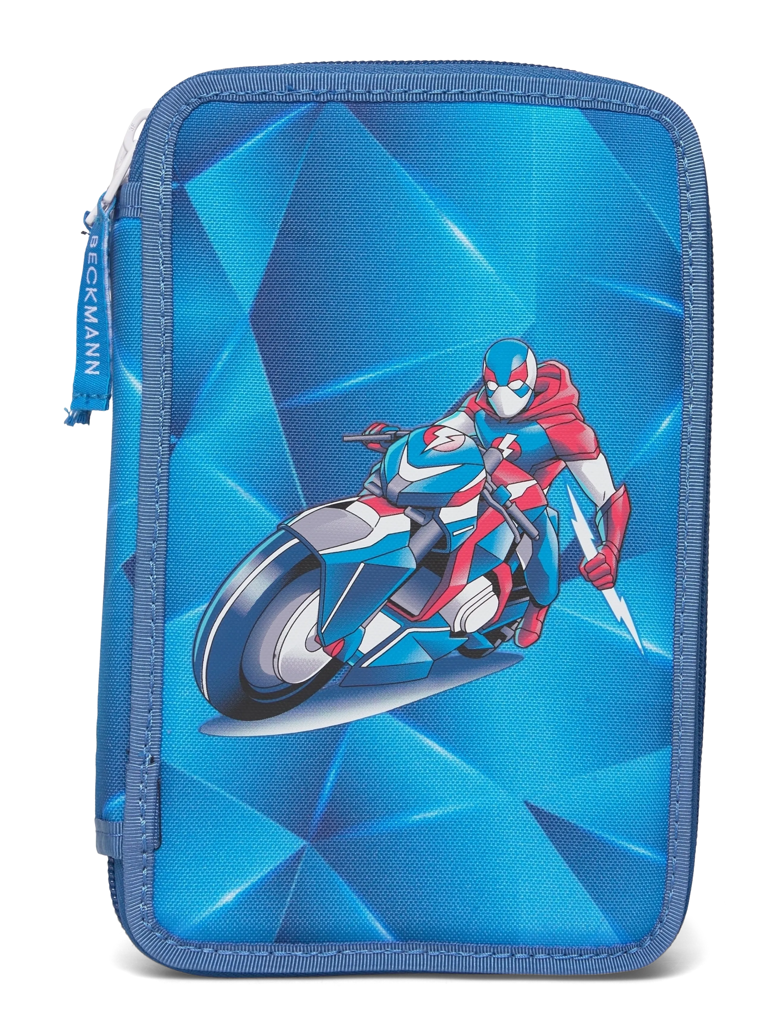 Three section pencil case with content, Blue Lightning - BLUE