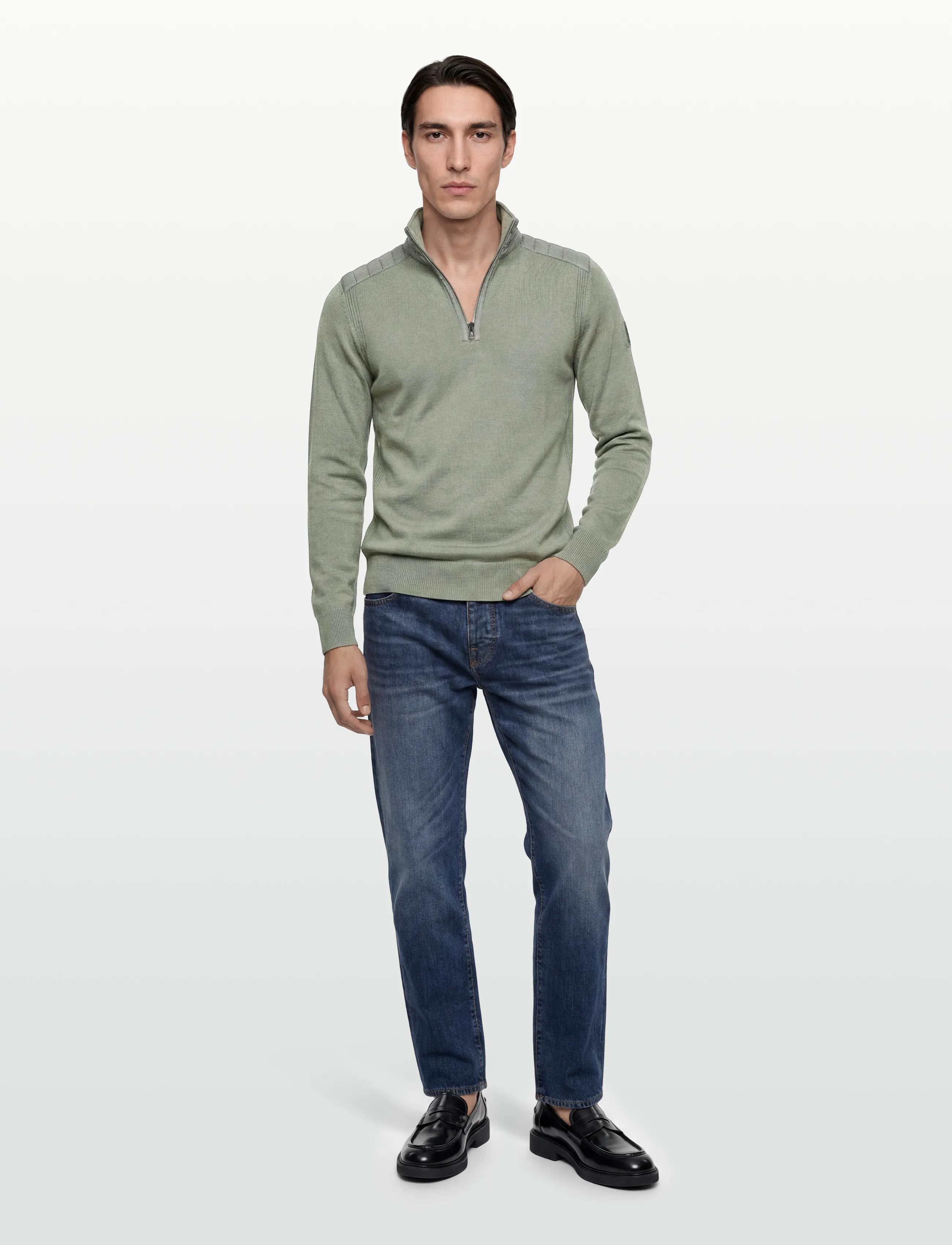 Belstaff Kilmington Quarter Zip Jumper Dark Ink, M, Khaki green, Strik > Trøjer Med Halv Lynlås, Herre