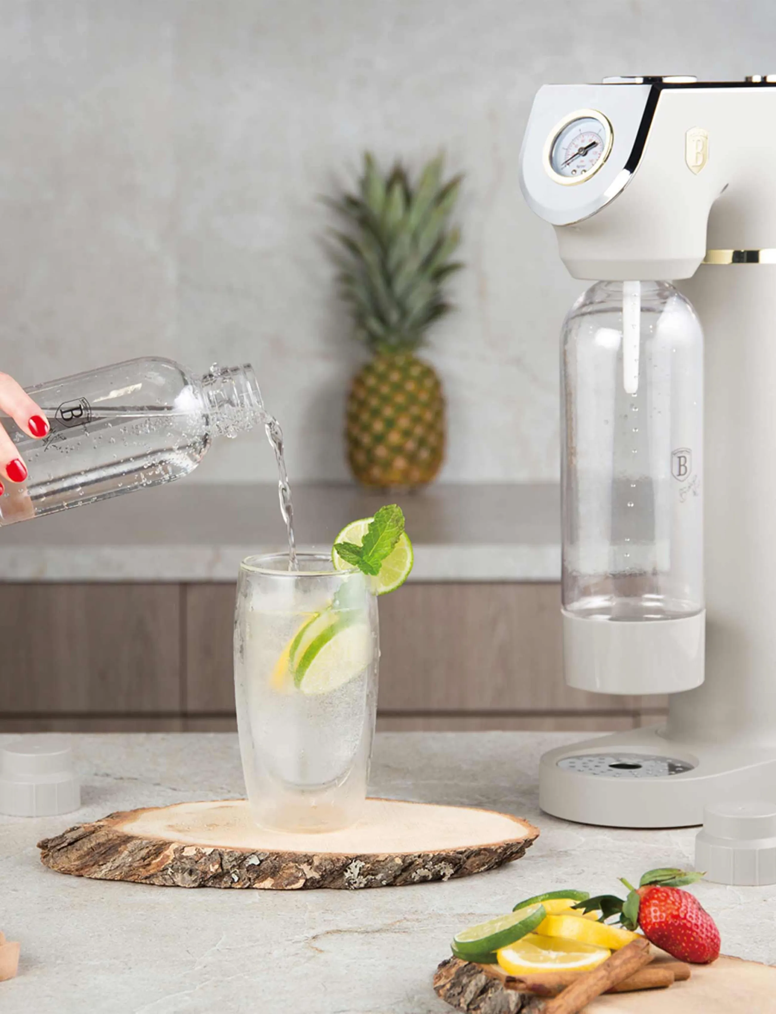 Berlingerhaus - Soda maker with 2 bottles and barometer, universal CO2 cylinders size, matt cream - sodavandsmaskiner - sahara collection - 3