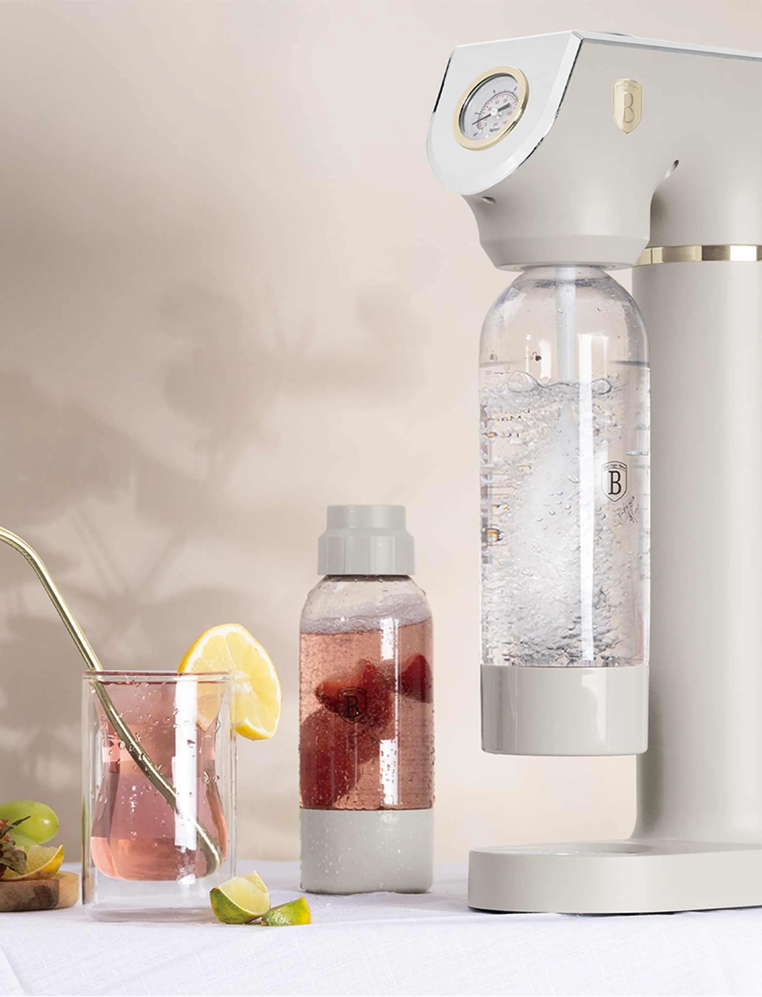 Berlingerhaus - Soda maker with 2 bottles and barometer, universal CO2 cylinders size, matt cream - sodavandsmaskiner - sahara collection - 5