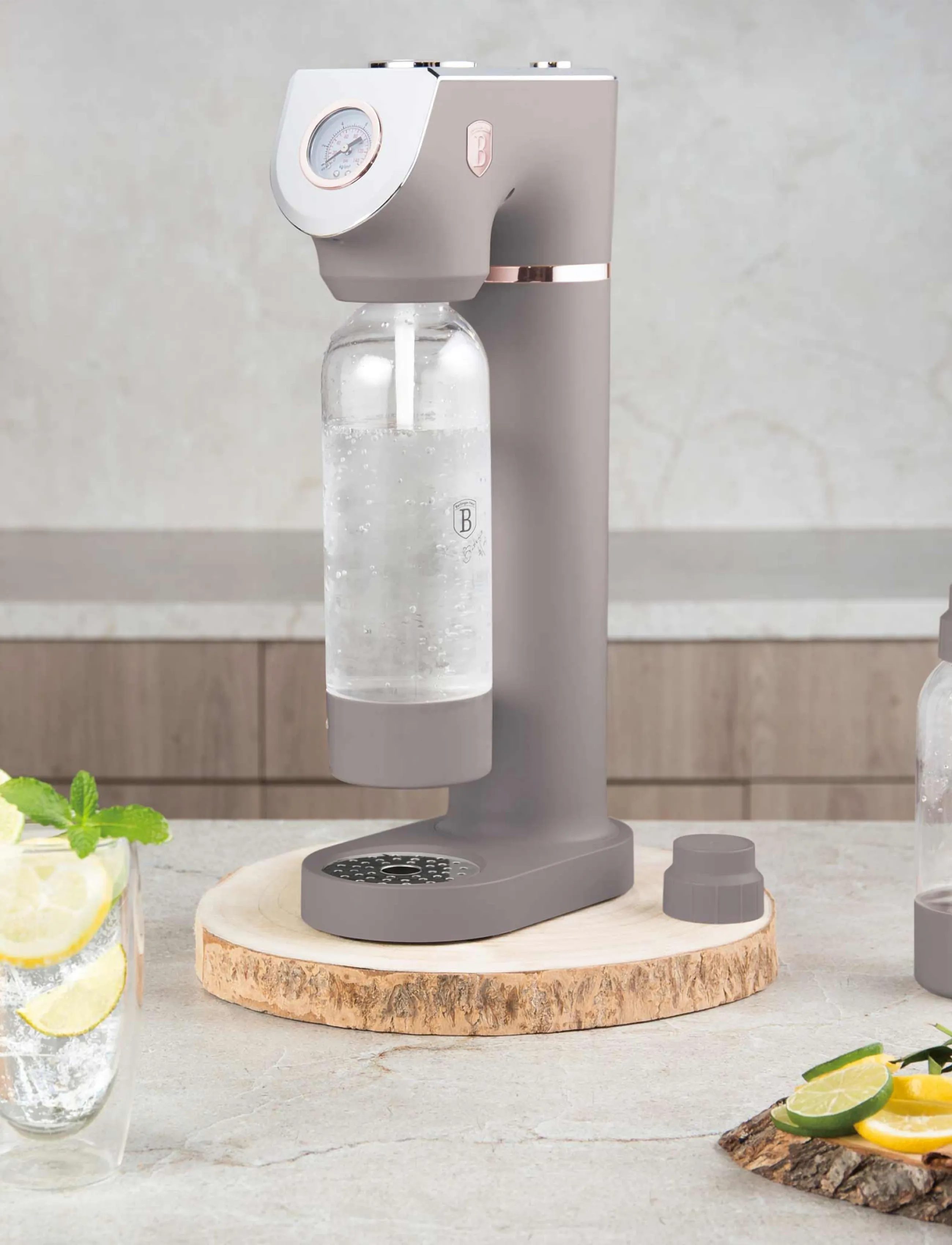 Berlingerhaus Soda Maker With 2 Bottles And Barometer, Universal Co2 Cylinders Size, Matt Taupe, 43.5X22X12 cm, Kitchen Appliances, Beige - Machines,