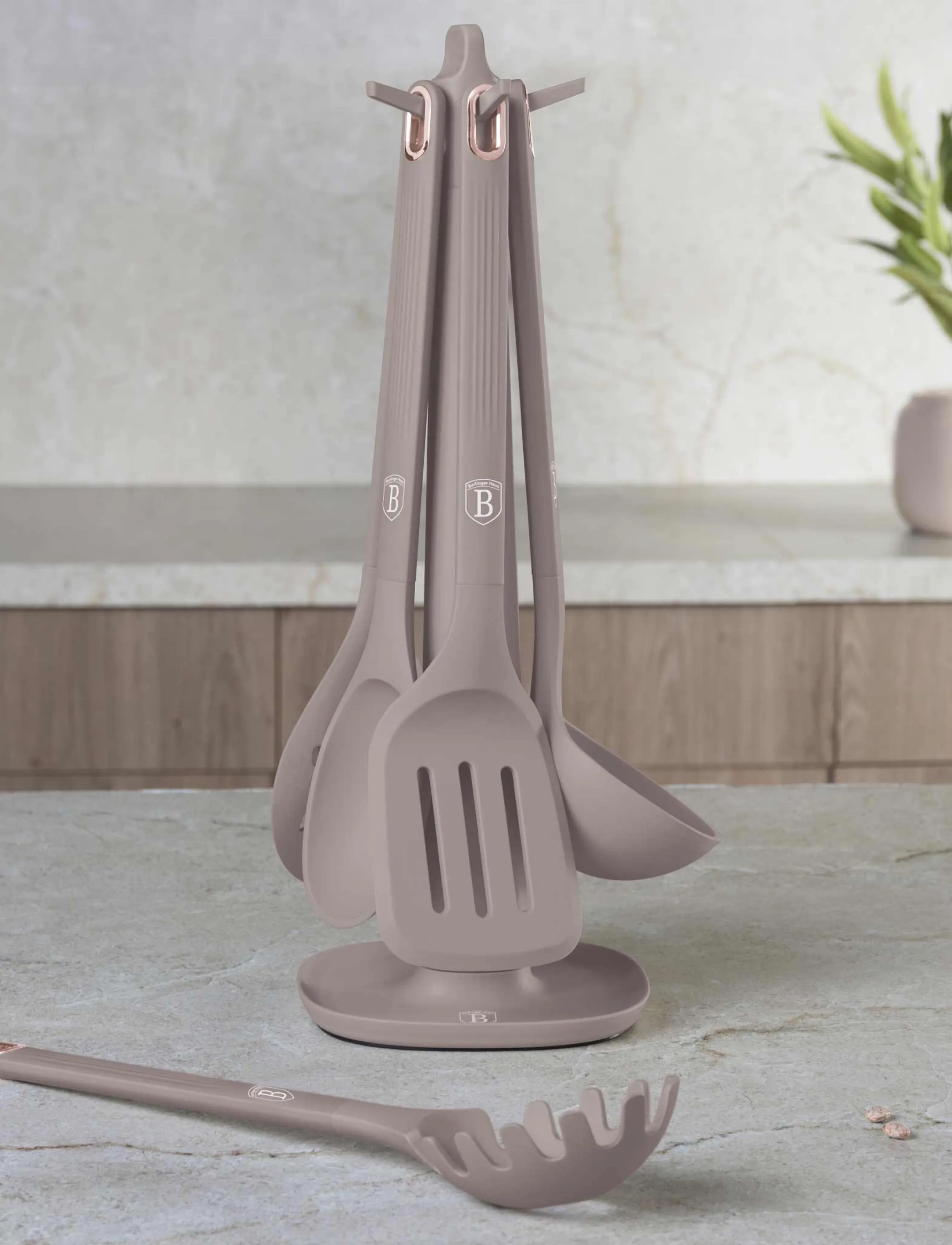 Berlingerhaus 6 Pcs Kitchen Tool Set With Stand, Silicone, Matt Taupe, One Size, Tools, Beige - Spoons & Ladels, Homeware